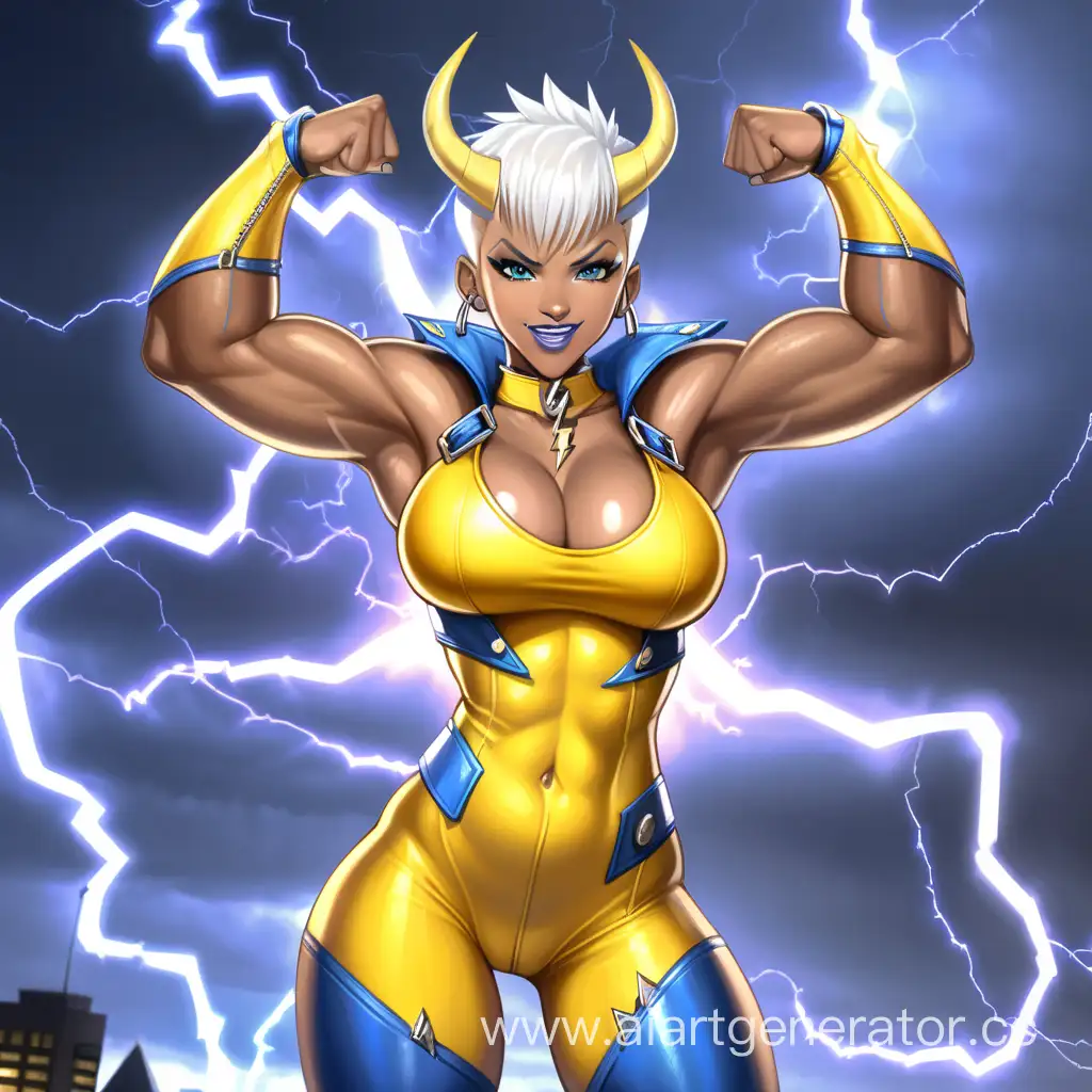 Lightning Storm, 1 Person, Women, Human, Horns, White Hair, Short hair, Spiky Hairstyle, Dark Brown Skin, Yellow Full Body Suit, Chocer, Chains, Blue Lipstick, Serious smile, Big Breasts, Blue-eyes, Sharp Eyes, Flexing Muscles, Big Muscular Arms, Big Muscular Legs, Well-toned body, Muscular body, Yellow Lightning
