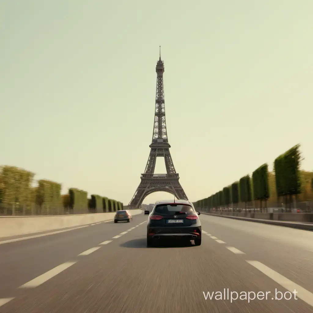 Road, a car is driving, in the distance on the background, the Eiffel Tower