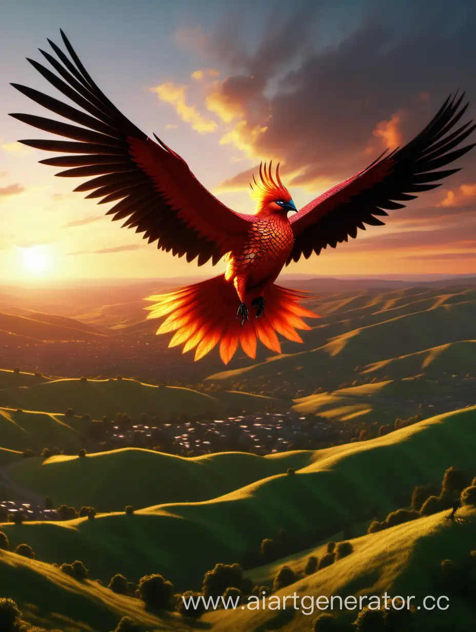 Majestic-Firebird-Soaring-Over-Green-Hills-at-Sunset