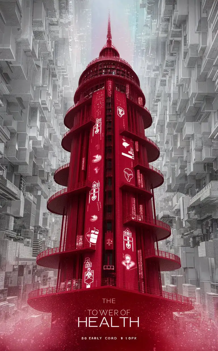 ghetto add bold text""The Tower of Health"" complex 36 storey skylinear illustration include name "The Tower of Health"(stands proud in ruby red, its silhouette adorned with healthcare symbols and healing imagery)breathtaking aesthetics premium 14PT card stock authenticated 8k 16k breathtaking  visuals in a complex background