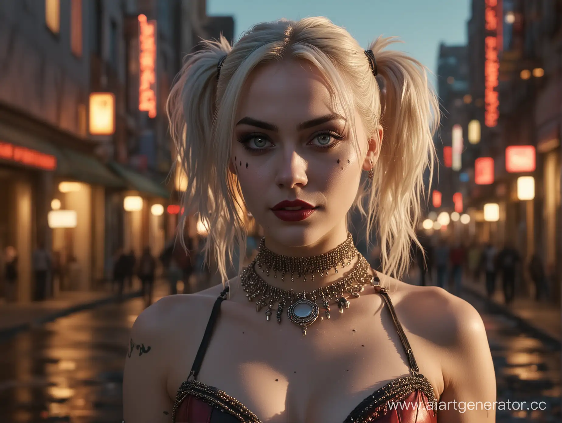 In the unearthly glow of the digital world, a mesmerizingly beautiful paranormal naked Harley Quinn appears from the depths of a futuristic city. Full-length view. Standing with his back to the camera. The head is turned towards the photographer. She dances, twirls in the rays of the setting sun and joyfully looks at the people passing by. Full-length view. In this popular cinematic photograph, her delicate features and perfectly formed figure are illuminated by the soft, sunset light, and joy and fun are reflected in her eyes. The image reflects the essence of the superiority of youth, from intricate bracelets on his hands, various kinds of amulets around his neck and in his hair to extravagant makeup on his face. The clarity of the high-definition image enlivens him, inviting viewers to immerse themselves in the mesmerizing beauty of this supernatural being.