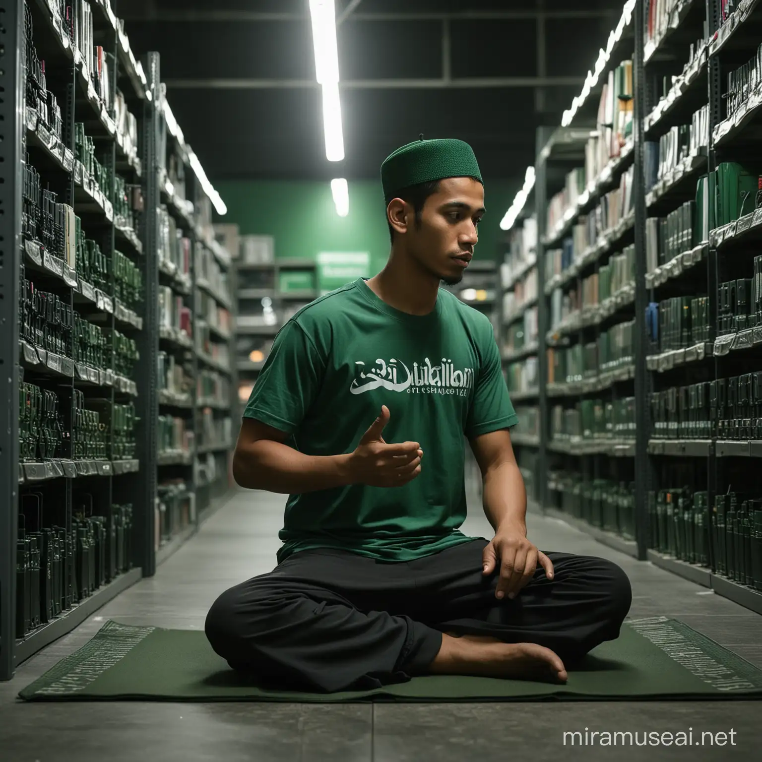 Very realistic, a Muslim Malay worker is sitting praying on the mat. Wearing a dark green t-shirt. the background is filled with computers arranged on shelves. computer shop. there is a dark green light behind. canon eos-id x mark iii dslr --v 6.0