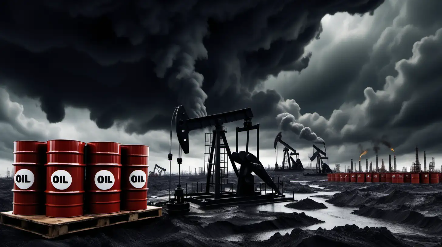 depict a thumbnail showing major oil and gas crisis, empty oil barrels, in a dark grey clouds, oil factories , and last drop of oil
