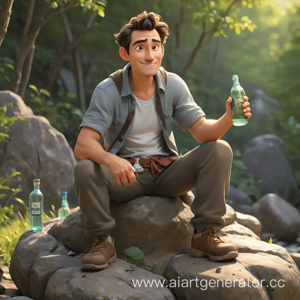 Cartoon-Man-Sitting-on-Rock-with-Bottle