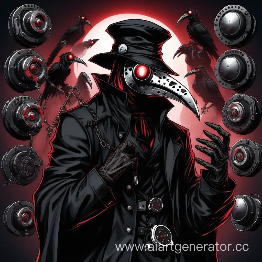  чёрная маска чумного доктора, чёрная генеральская фуражка, чёрными наушники, красные глаза, Механические руки, чёрная одежда, накаченный 
