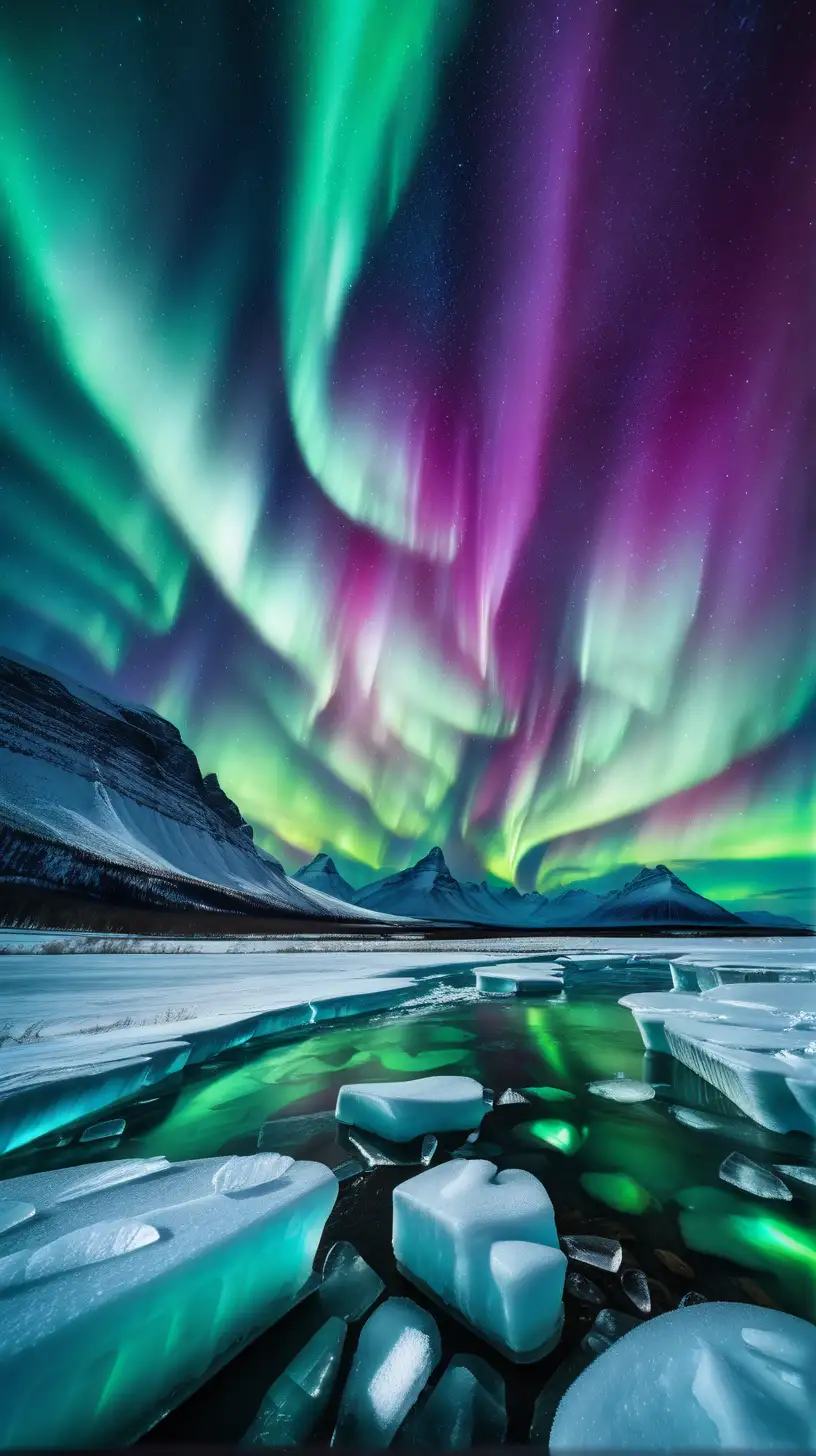A spectacular display of the aurora borealis over an icy landscape, with the colors more vivid and dynamic than ever seen.