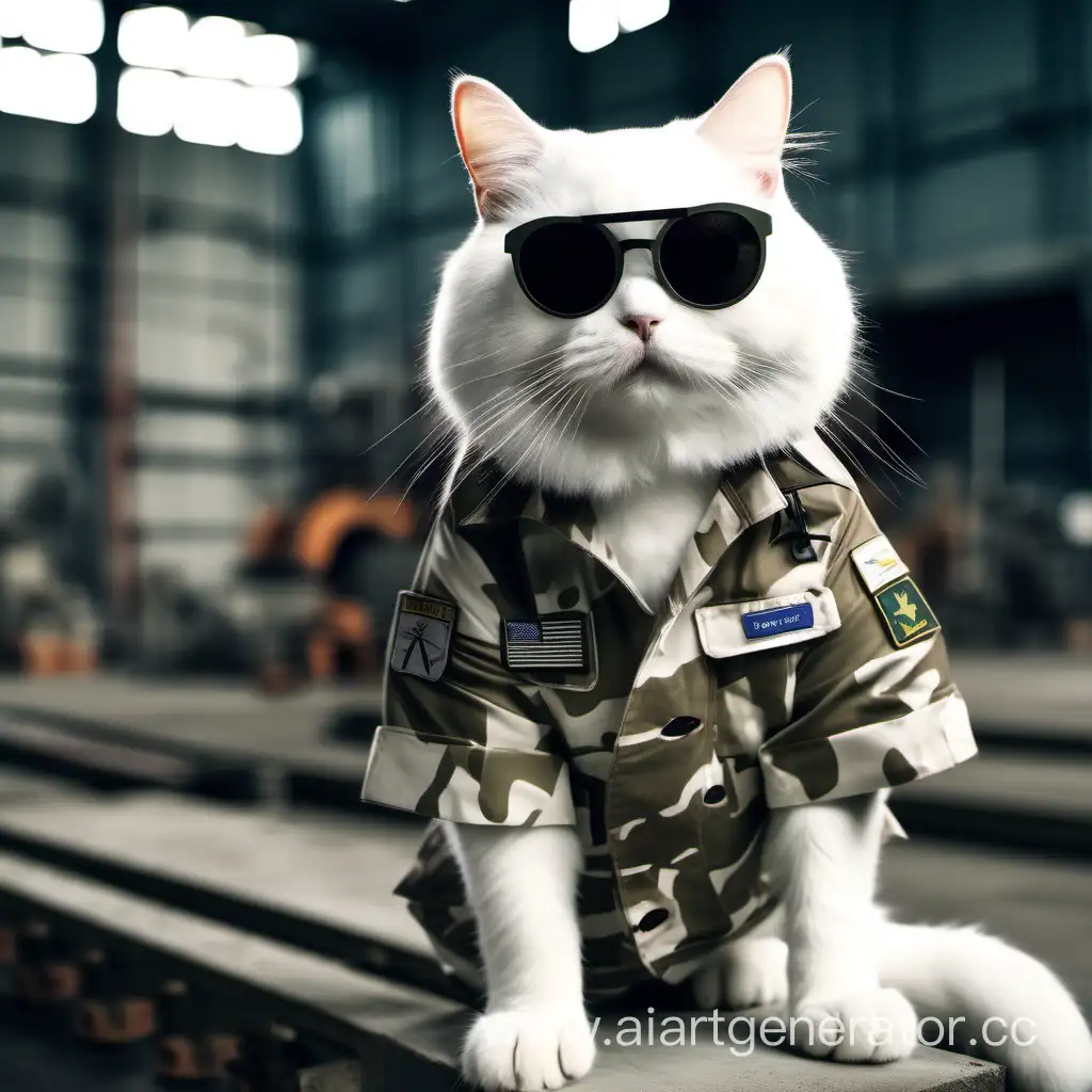 cute chubby white cat in camouflage scout uniform and sunglasses against the backdrop of a factory