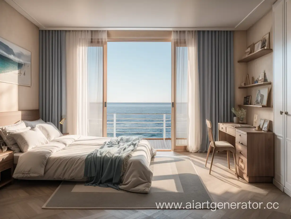 A marine-style bedroom with a double bed, a table, and a window in the middle. The bed is on the left, with the headboard facing the wall. A table in front of the window next to the door to the balcony, which is covered with floor-length curtains. The wall on the right is empty, photorealistic, 8k