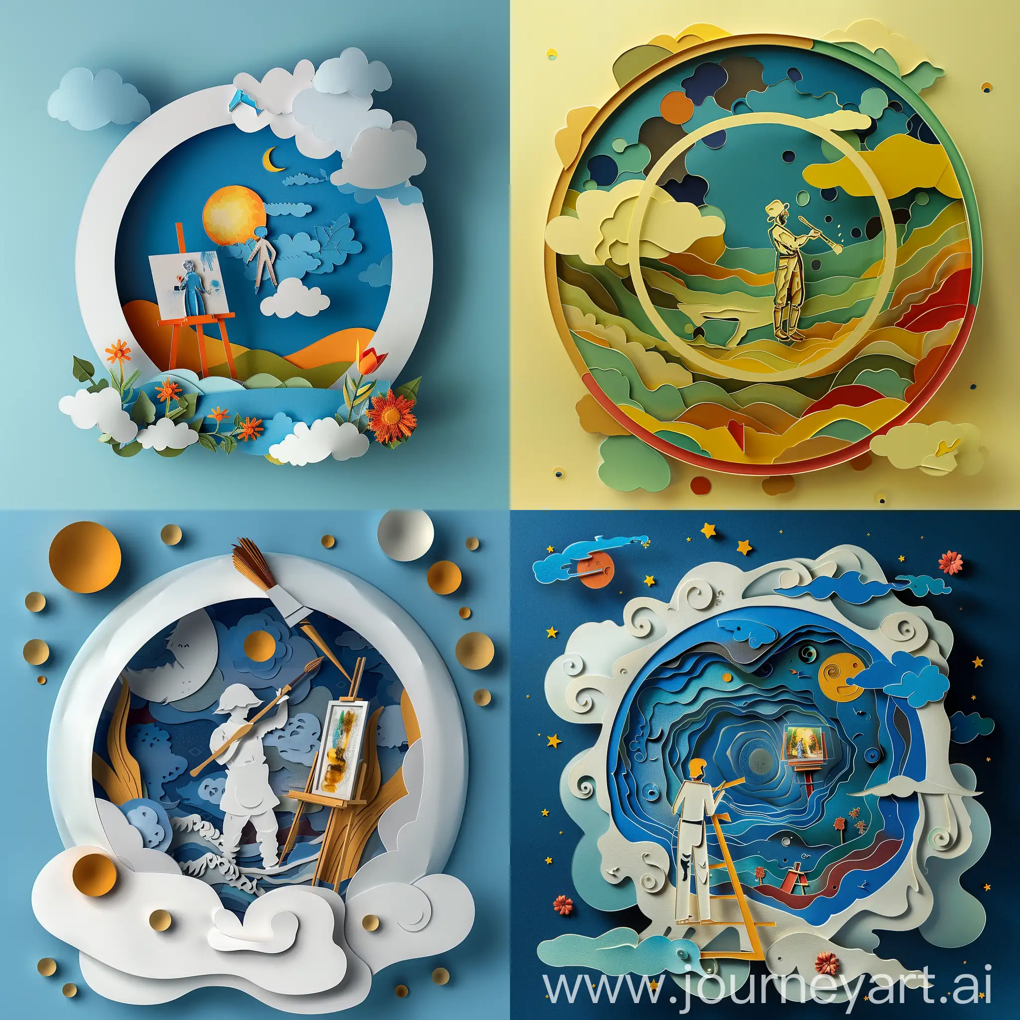 Create 3D papercut art featuring a dream bubble with a painter in it