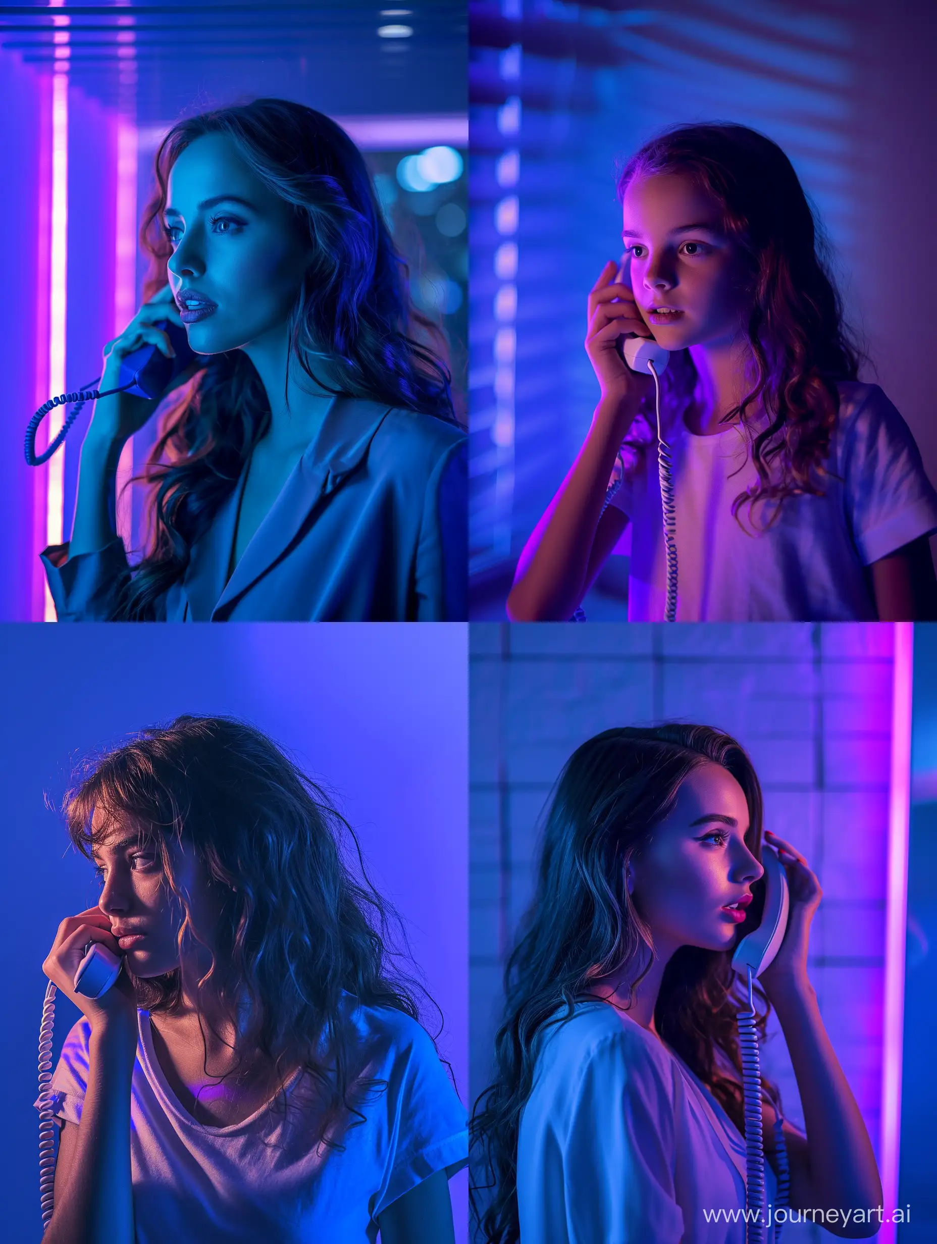 A beautiful girl chatting on the phone, blue and purple background, cinematic, real, resolution, high quality
