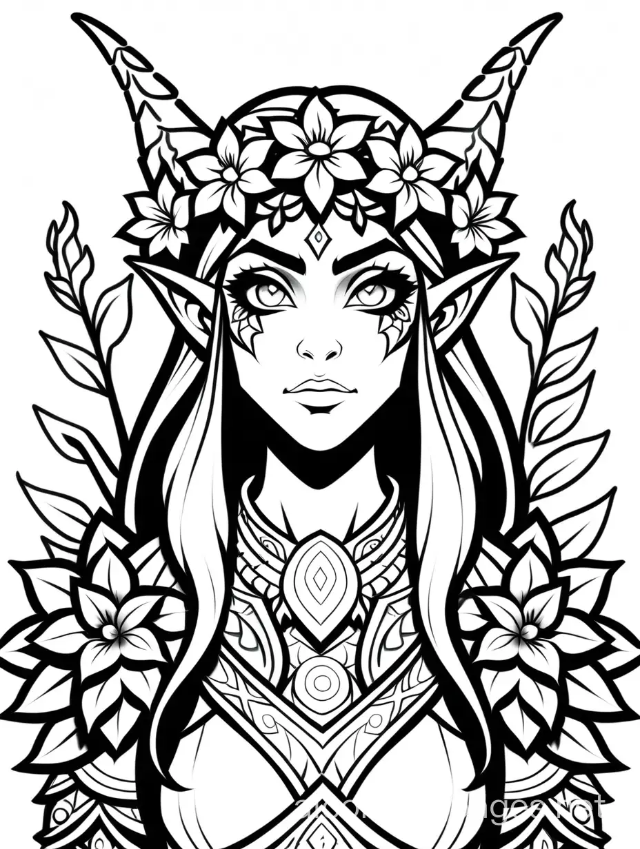 female night elf resto druid world of warcraft wearing a flower crown, Coloring Page, black and white, line art, white background, Simplicity, Ample White Space. The background of the coloring page is plain white to make it easy for young children to color within the lines. The outlines of all the subjects are easy to distinguish, making it simple for kids to color without too much difficulty