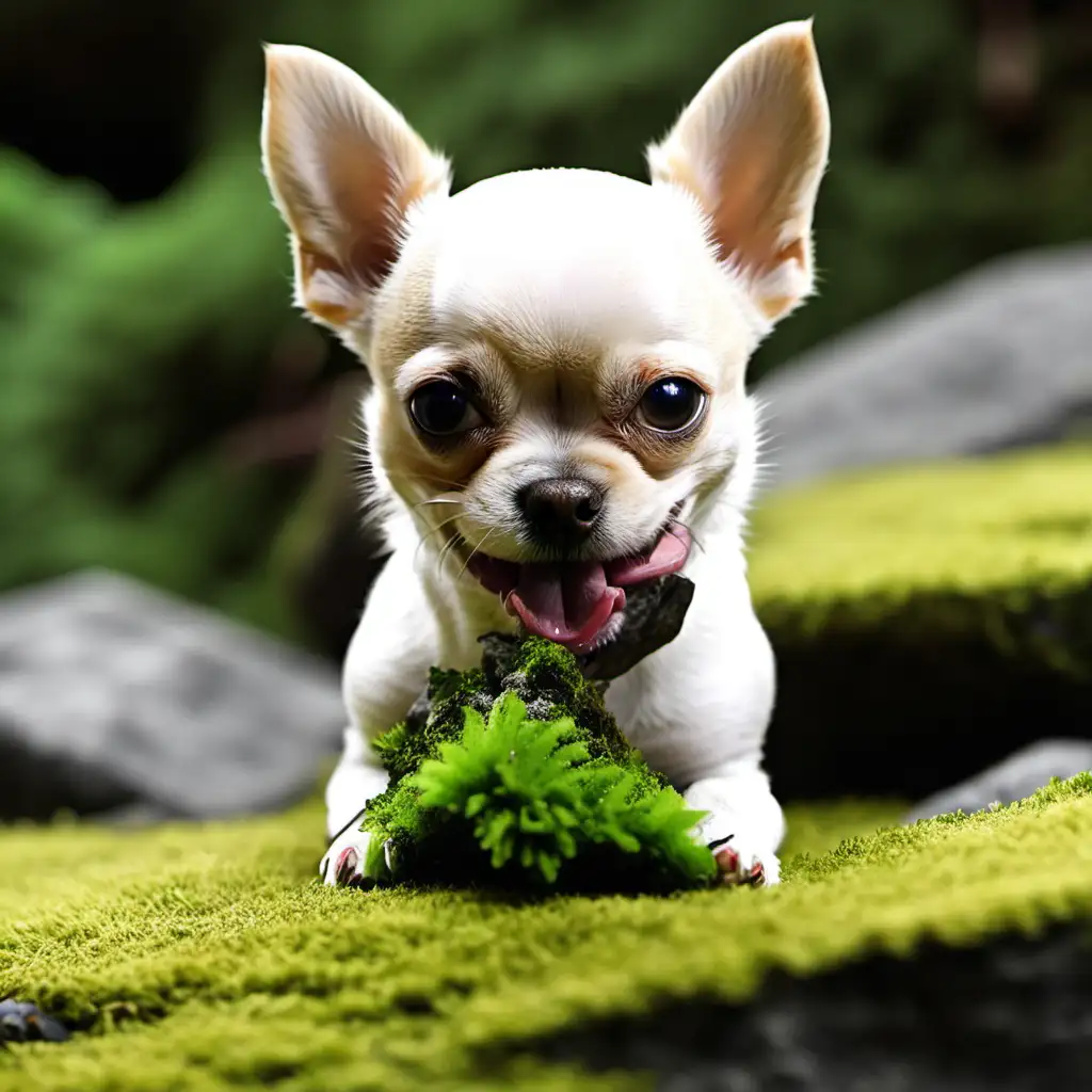 image of small dog chewing on some moss from a rock
