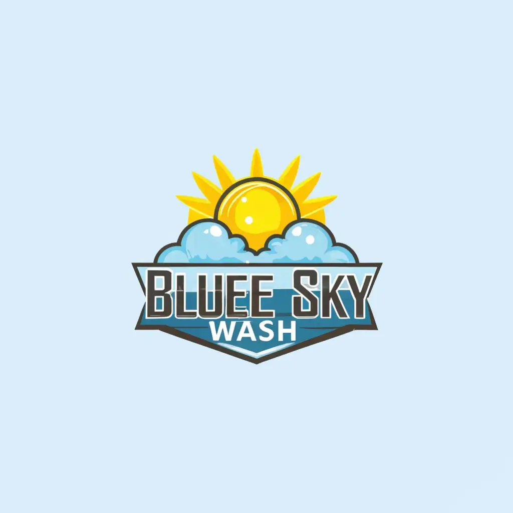 a logo design,with the text "BlueSky Wash", main symbol:A stylized representation of a blue sky with a shining sun or clouds, incorporating elements of cleanliness ,Moderate,clear background