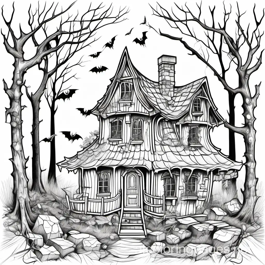 an old witch's house in a dense forest, a rickety house overgrown with cobwebs and moss. bats fly around. the trees in the forest are ominous. a lot of small details on the picture, Coloring Page, black and white, line art, white background, Simplicity, Ample White Space. The background of the coloring page is plain white to make it easy for young children to color within the lines. The outlines of all the subjects are easy to distinguish, making it simple for kids to color without too much difficulty