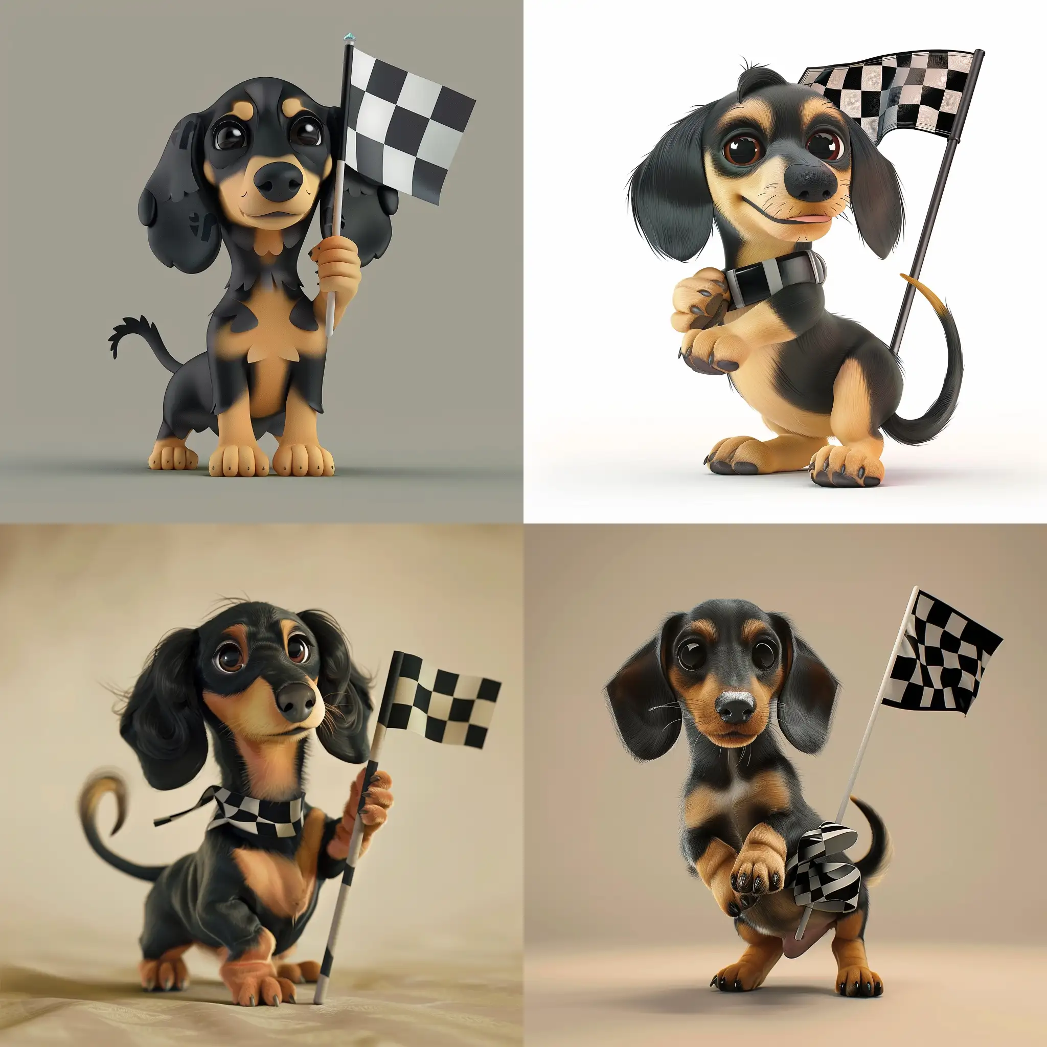 black and tan dachshund puppy holding a black and white checkered flag. Style is Pixar