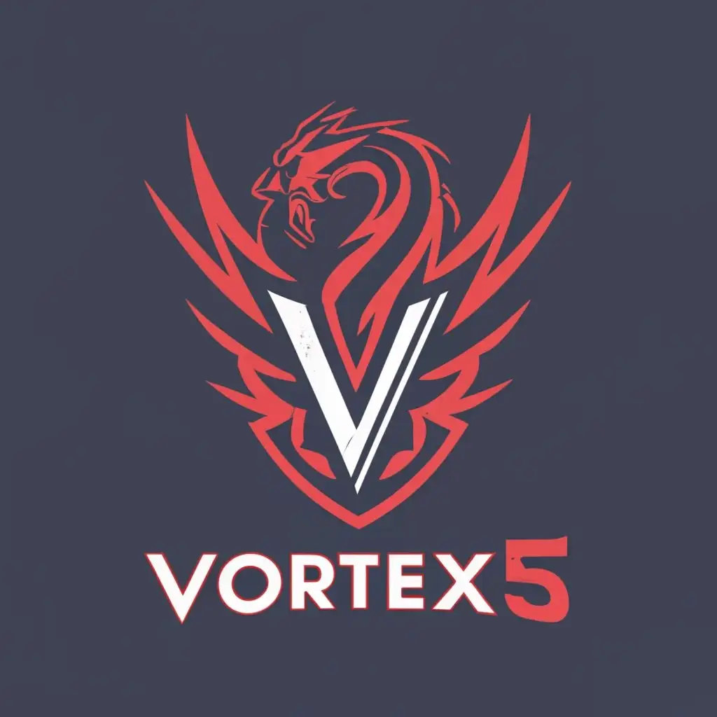 Create an esport logo for a team named Vortex5. Design the logo as a V5 and place the full team name below it. Use blood red and obsidian black color scheme. Write "VORTEX5" beneath the actual logo in a clear, minimalistic font. Add the spelled-out version of "VORTEX5" above the logo's icon., with the text "VORTEX5", typography, be used in Internet industry, add a dragon, Make V5 more visible, make logo more minimalistic and modern, make it look more dominant, league of legends, MAKE VORTEX5 POP OUT OF THE LOGO MORE, make it seem omnipotent, and ferocious, LCK, FAKER, MINIMAL