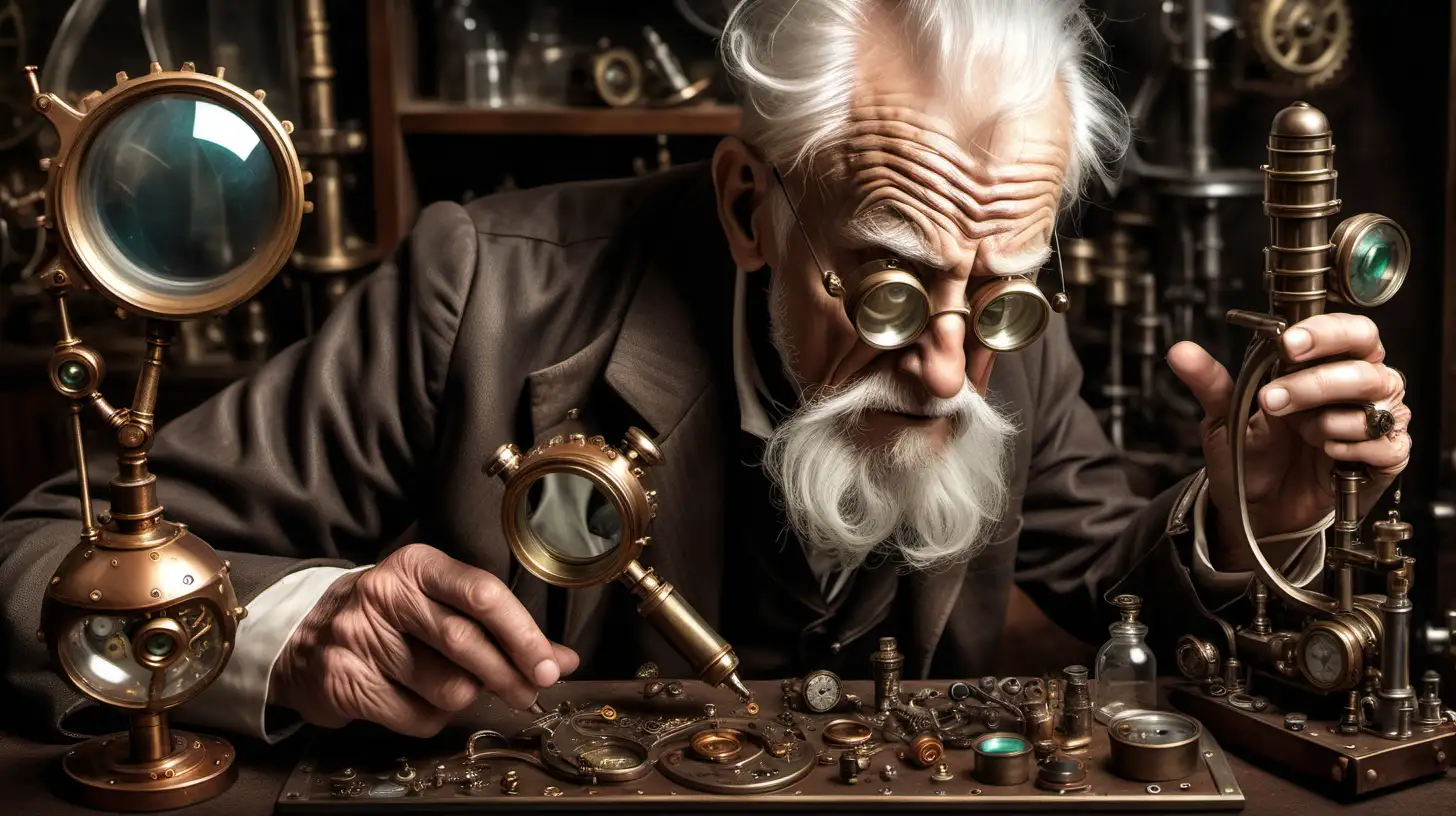 A very old man. Dressed in steampunk outfits. He's handling some strange tools in his lab. He also looks through a steampunk magnifying glass at the pieces he's handling of a small magic puppet. Do it fantasy and photorealistic