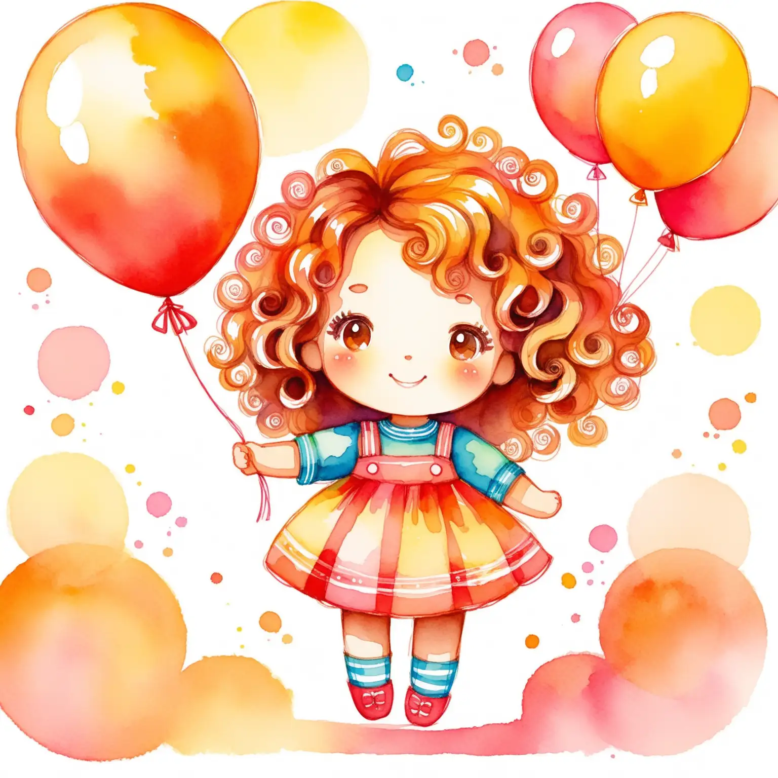 Cute smiling girl doll with curly hair, holding a balloon , sketchy expressionist style, fine strokes, vivid colors, hand-drawn illustration for kids, watercolor 
