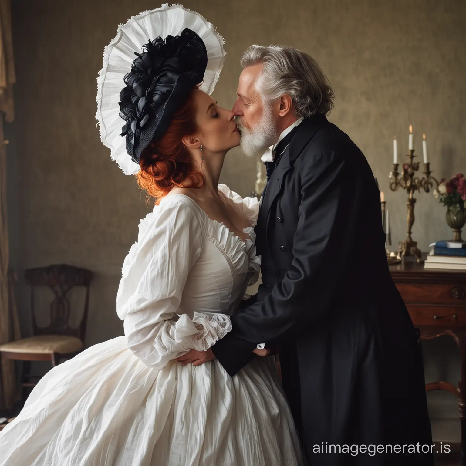 red hair Gillian Anderson wearing a poofy black floor-length loose billowing 1860 victorian crinoline dress with  a frilly bonnet kissing an old man who seems to be her newlywed husband
