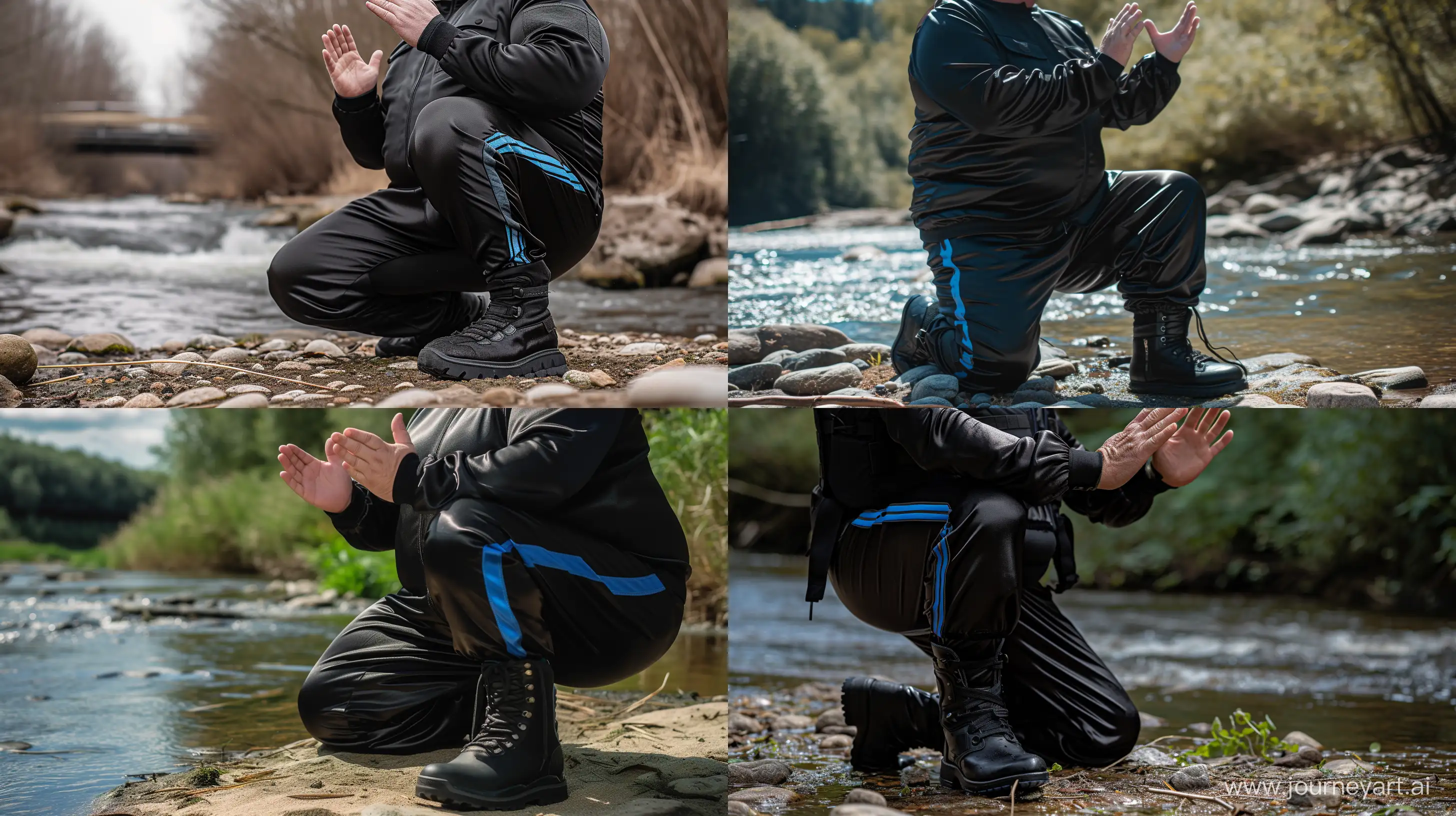 Front view close-up photo of a fat man aged 60 wearing a silk black tight tracksuit with a blue stripe on the pants kneeling on the ground with his hands up. Black Tactical Boots. Natural Light. River. --style raw --ar 16:9