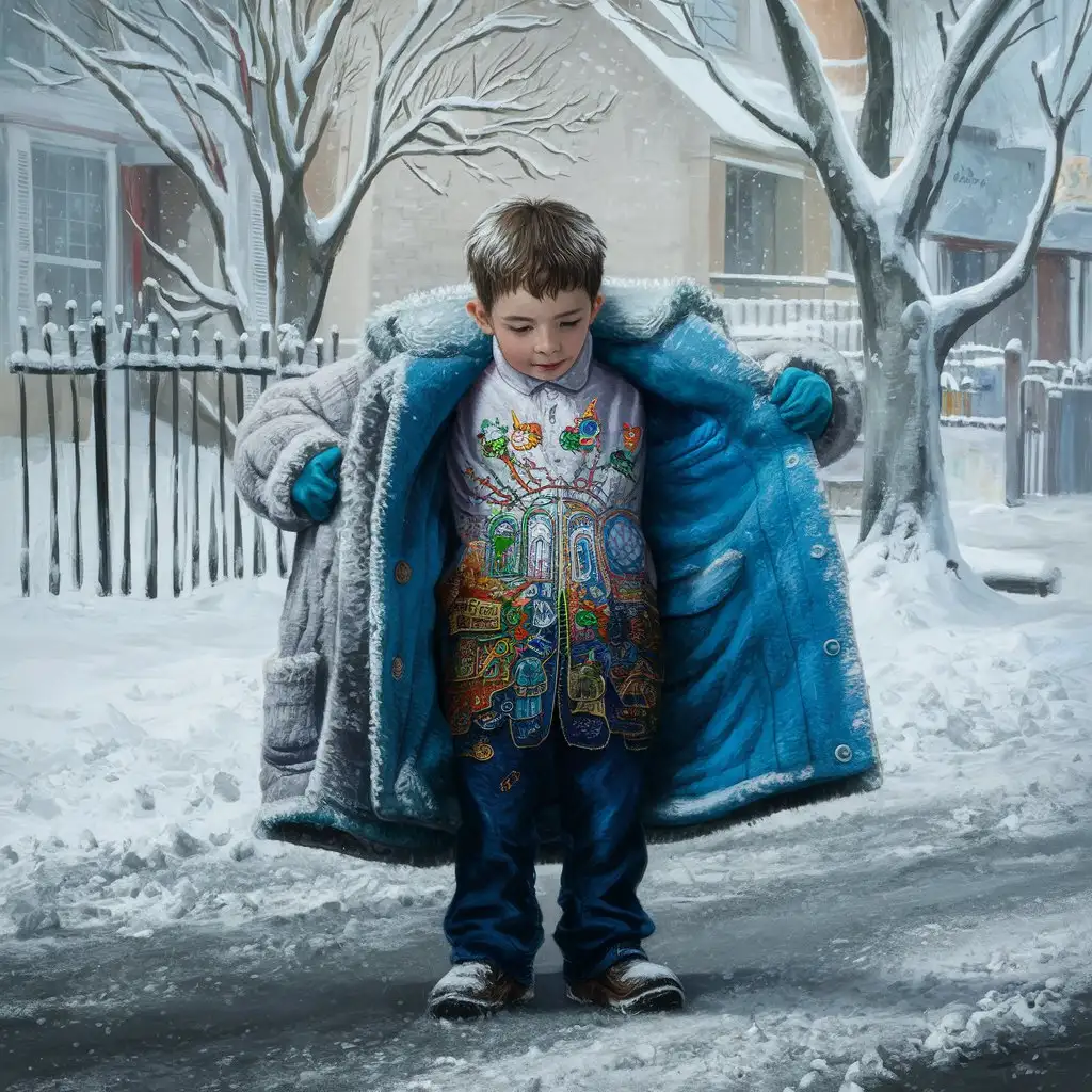 Boy-Removing-Fur-Coat-on-Winter-Street-Drawing