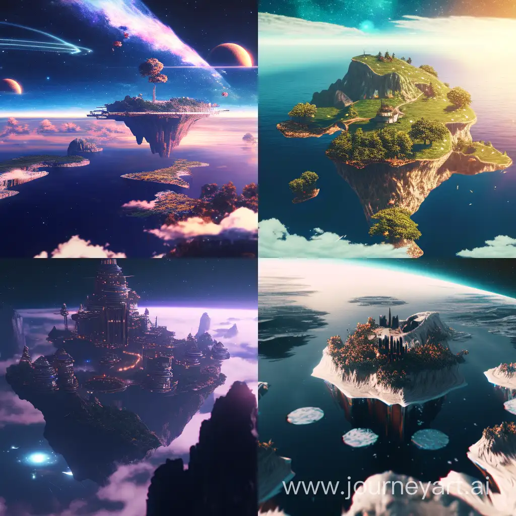 create a prespectivly island that have 3 section with different elevetion in space  like star wars ,3d , 4k , high quality
