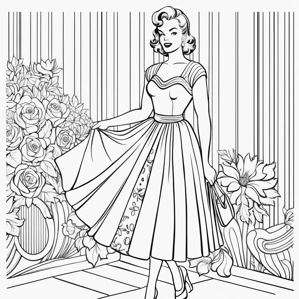 Vintage 1950s Party Dress Coloring Page for Women