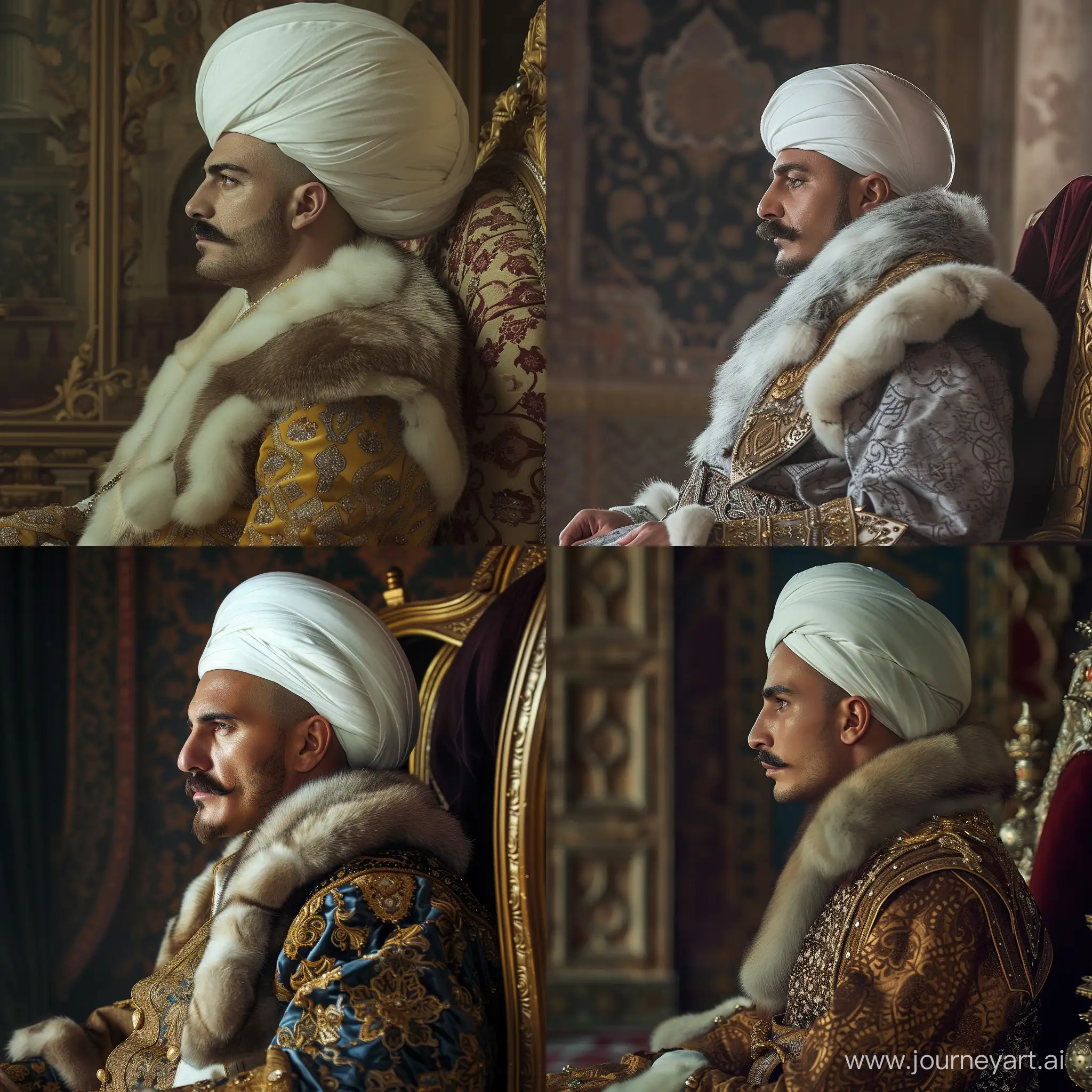 Ottoman Sultan Selim I sitting on throne. He has handlebar mustache and shaved face. Wearing luxury Ottoman caftan with fur collars and big white Ottoman turban. Side view. In Ottoman palace. Cinematic shot. Realistic image --v 6 --ar 1:1 --no 22046
