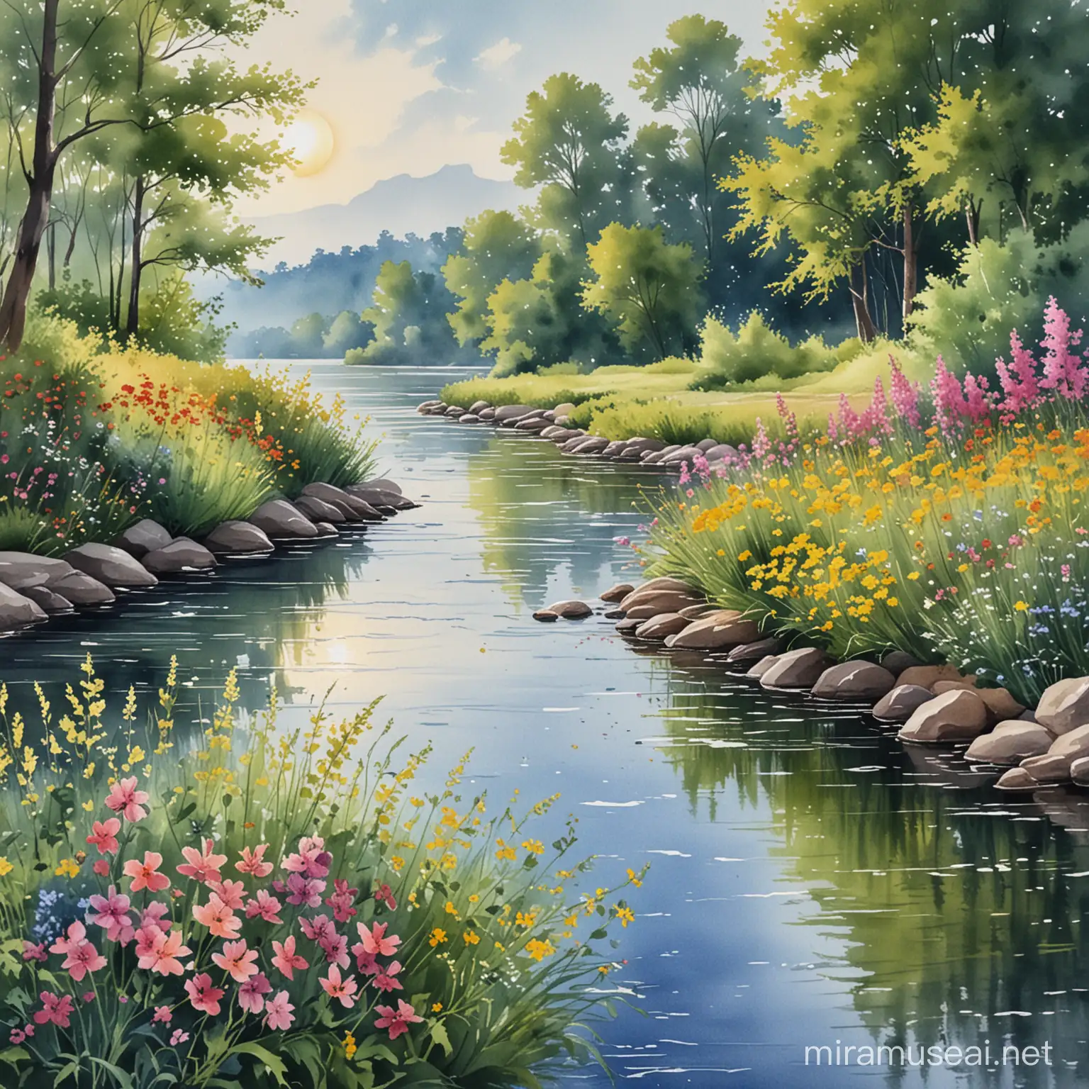 water color painting river and flowers sun