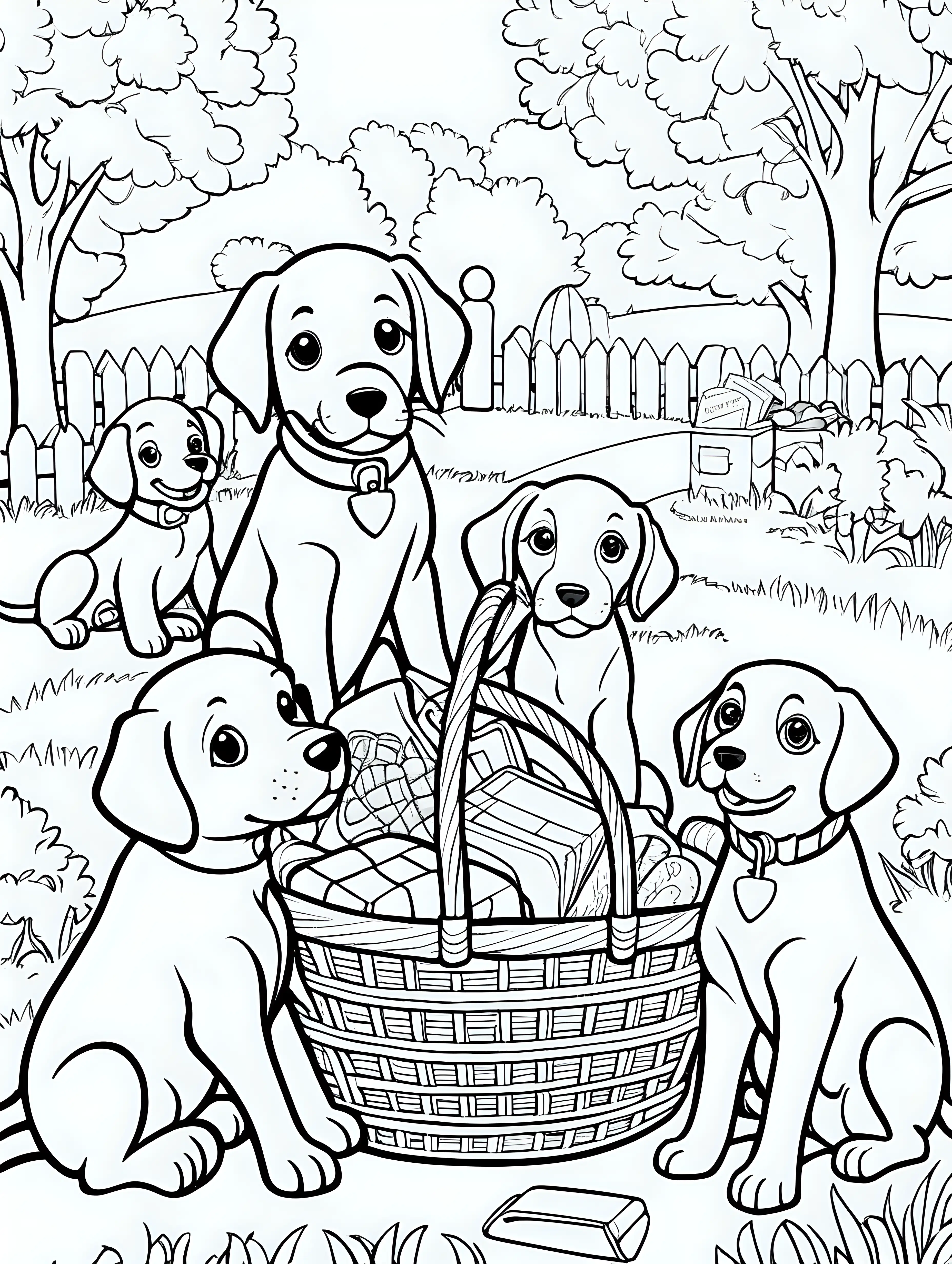 Puppies Picnic Coloring Page for Kids | MUSE AI
