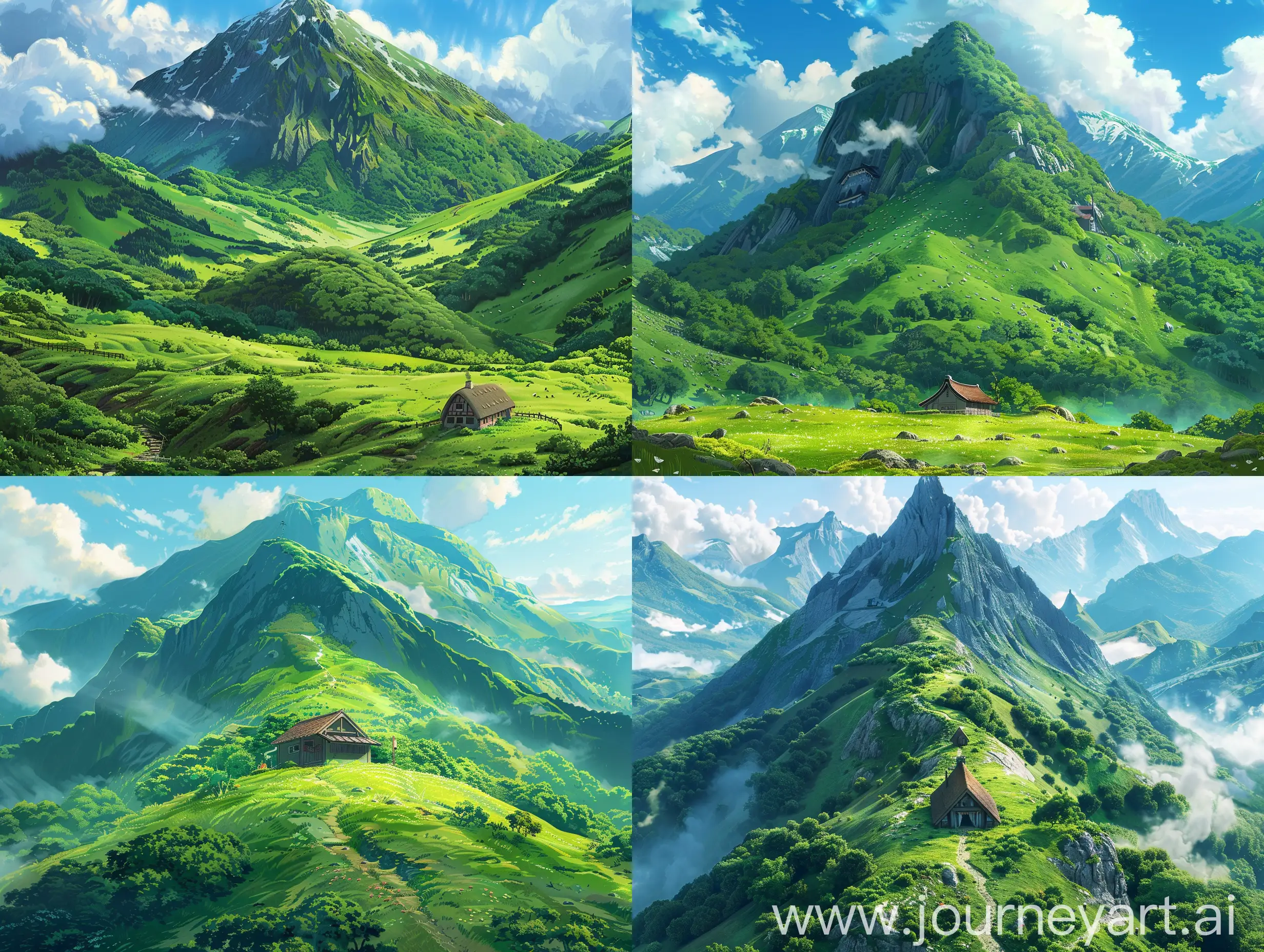 Green Mountain with a small house in the centre image is in studio Ghibli style and it should be landscape and high quality 4k