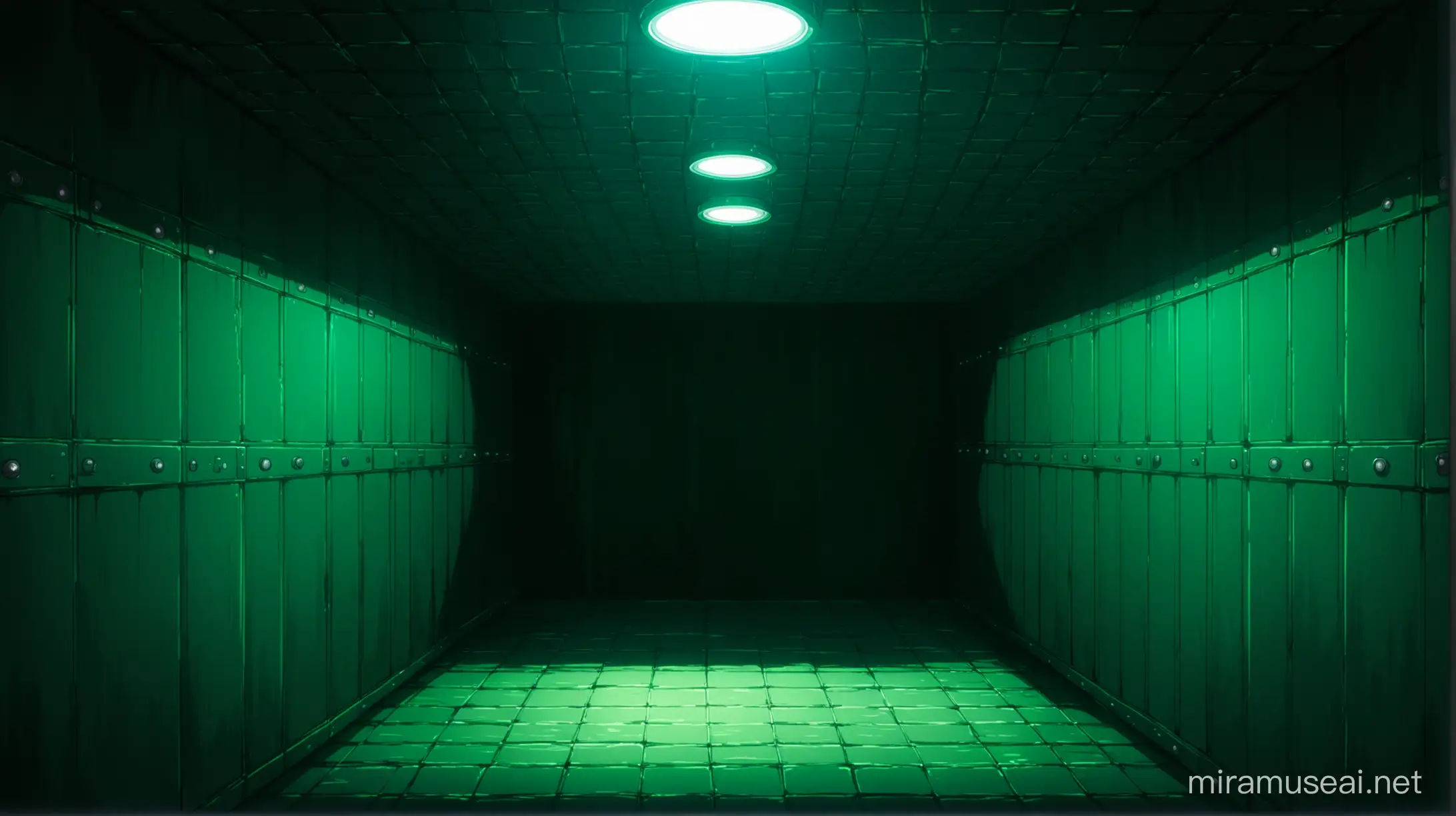 a dark underground secret room with dark green contrasts and vibe in anime style