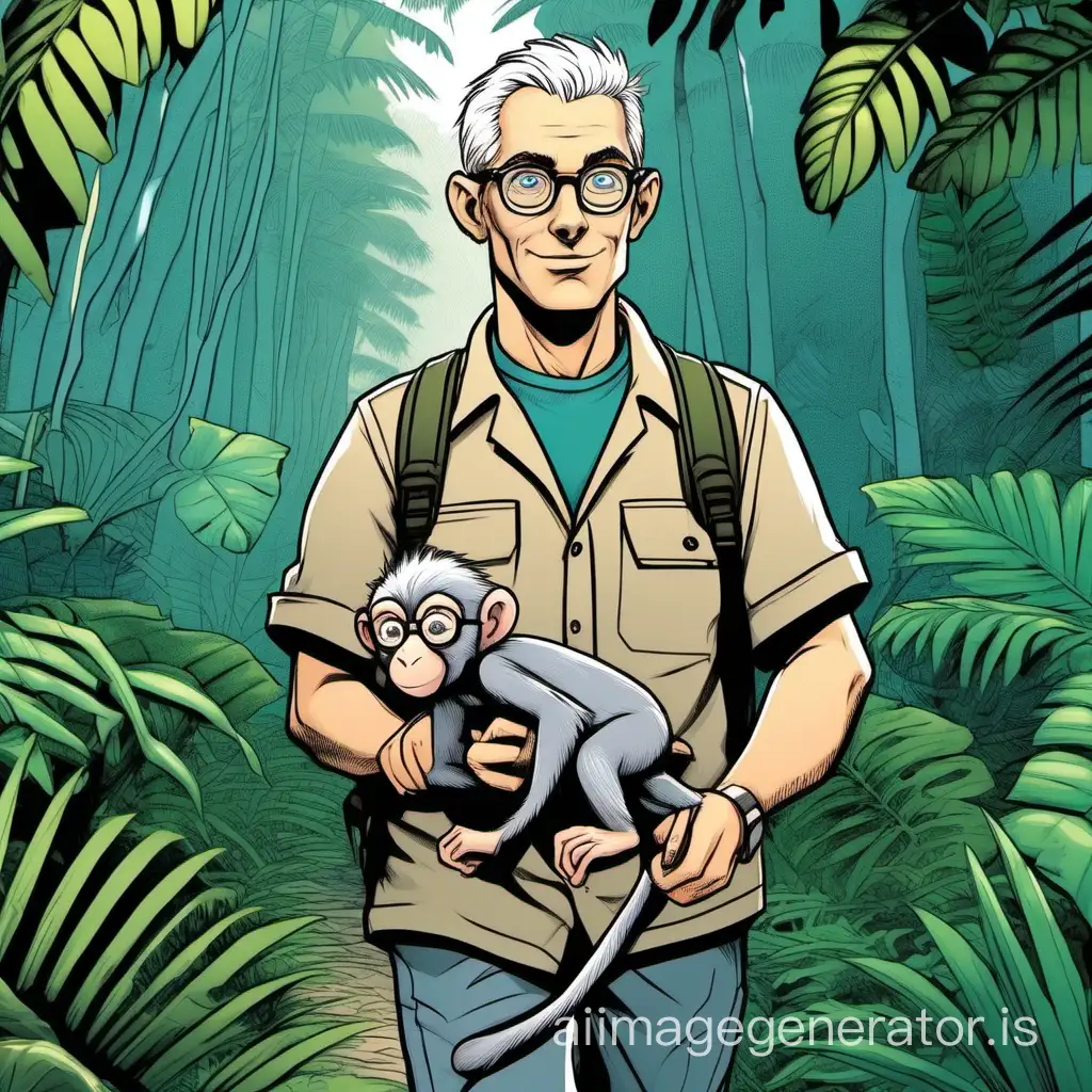 A cartoon-style image of a blue-eyed, male biologist wearing glasses, with very short, silver hair, walking in the jungle, holding the hand of a very tiny, cute monkey, also wearing glasses.