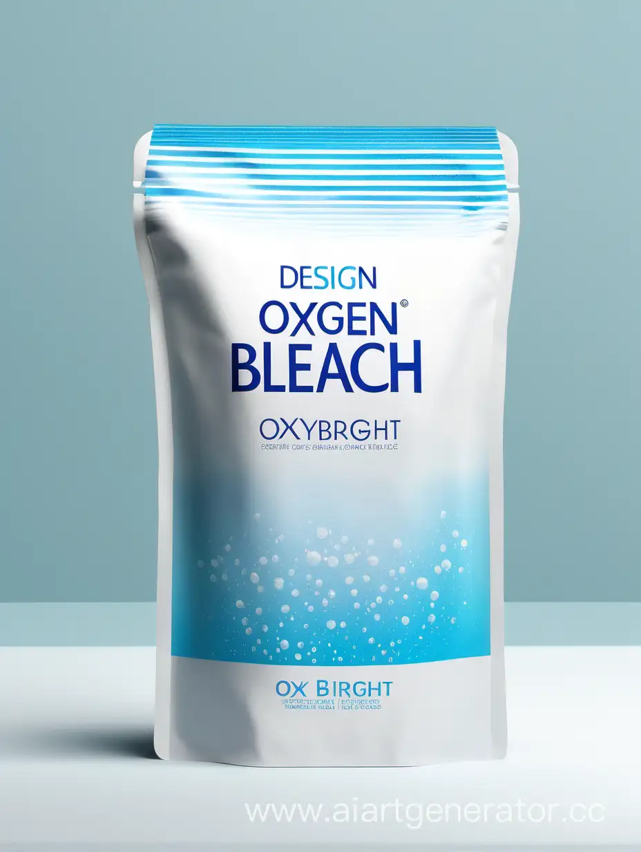 дизайн кислородного отбеливателя OxyBright в дой пак упаковке с использованием светлых синих оттенков для подчеркивания свежести и чистоты, а также использование белого цвета для символизации отбеливания. 