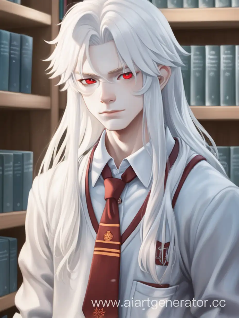 У парня длинные белые волосы, как и его белоснежная кожа. Его глаза были ярко красными, он так выглядит потому что он альбинос. Его телосложение хрупкое. Он одет в опрятную школьную форму и сам выглядит очень опрятно. Его выражение лица холодное, но милое. На фоне библиотека.