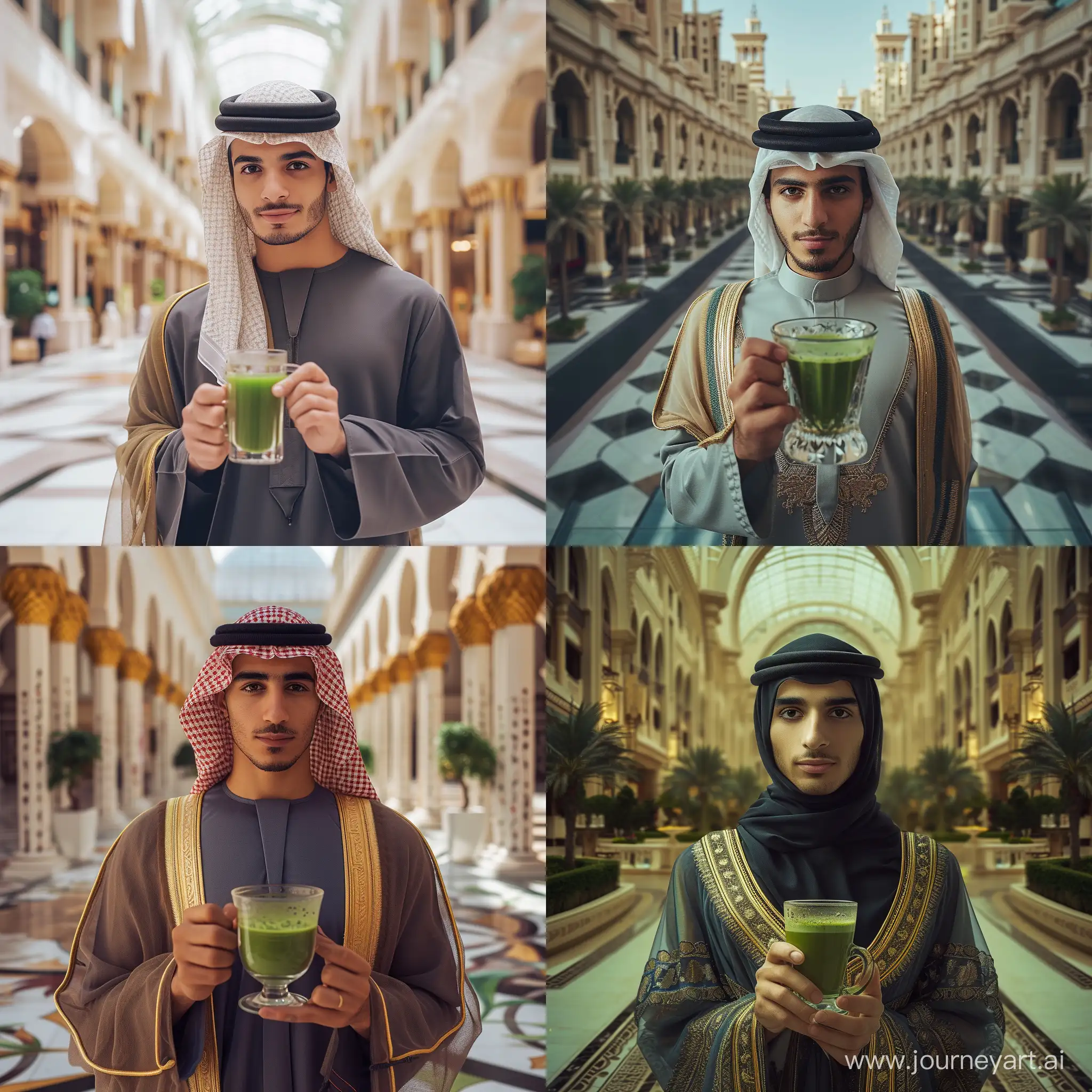 Real and natural photo of a young man in Arabic dress holding a cup of matcha tea. The glass of matcha tea should be clear. The space around him is a large and luxurious street. Full detail of matcha tea cup and man's face.