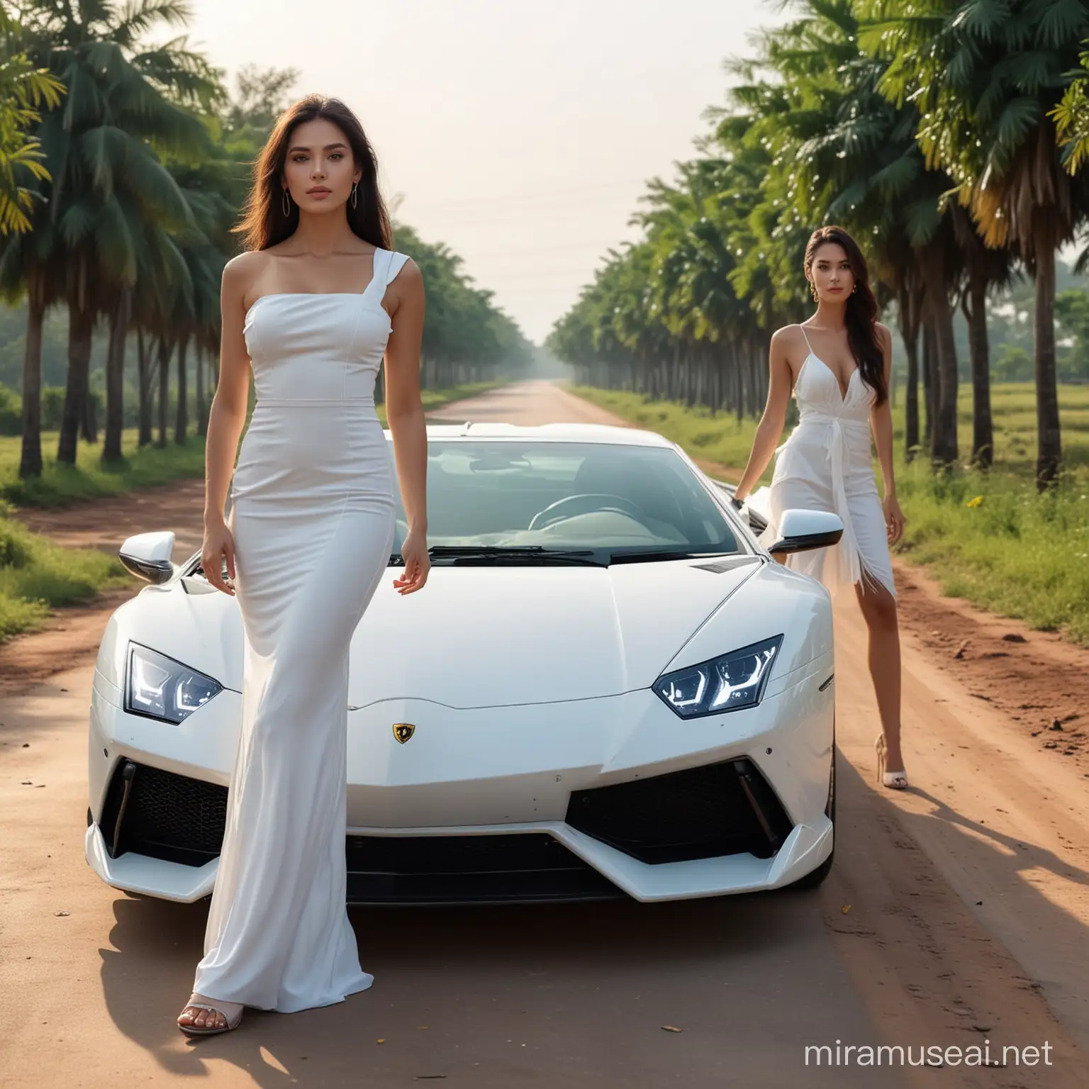 real beautiful gorgeous woman, posing next to her Lamborghini, in white dress and high heels in Cambodia street countryside, image UHD ultra detailed, photo hyper realistic, 8K 