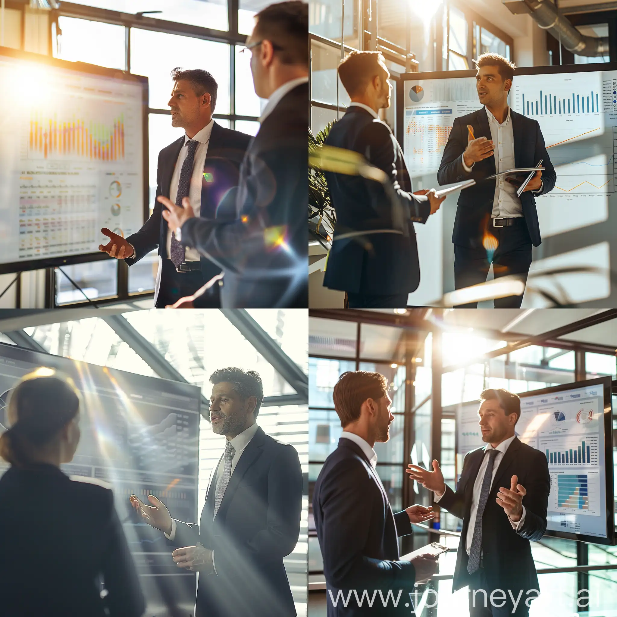 bank office, business negotiations, a businessman in a suit explains to the client and shows on a large screen, a graph on the screen, a lot of sunlight