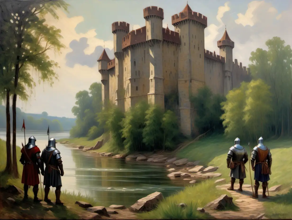 Four mediaeval adventurers stand at the edge of a forest and look at a large mediaeval stronghold with long strong walls and guard towers situated across the river.
–style impressionist oil painting
–no spear
–no quiver
–no arrow
