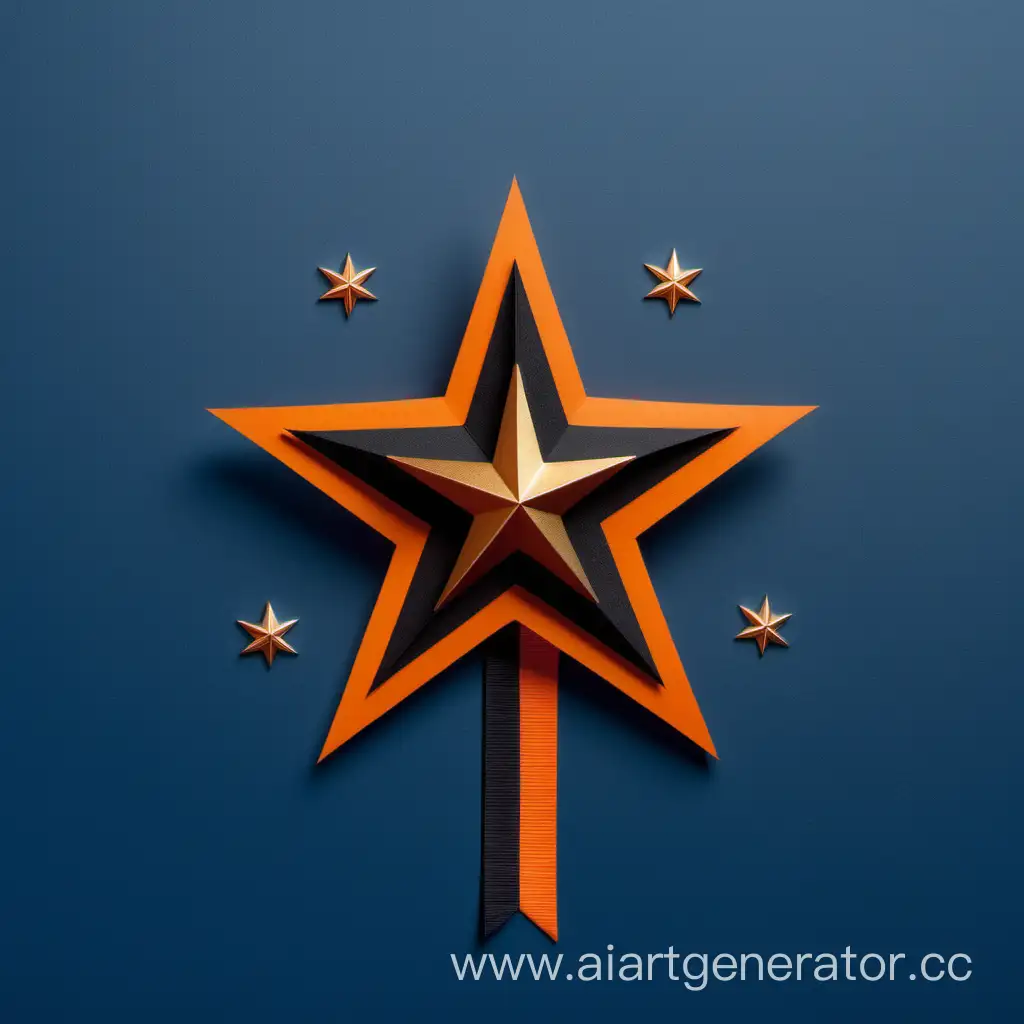 Поздравительная открытка ко Дню защитника отечества, минимализм, фон синий, добавь георгиевскую ленту цвета оранжевый и черный, цвет звезды золотой