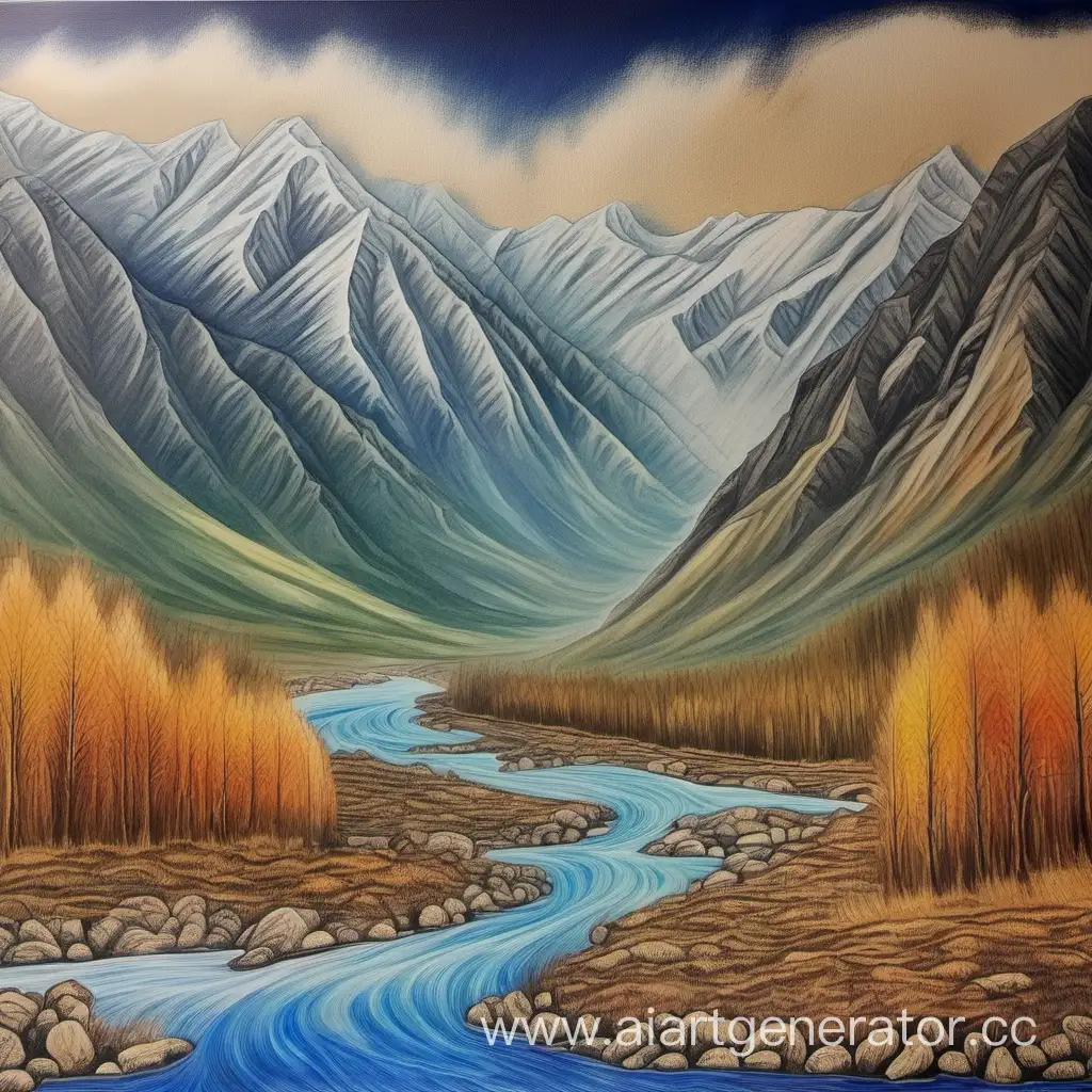 Рисунок гор и рек алтайского края, нарисованный красками на холсте