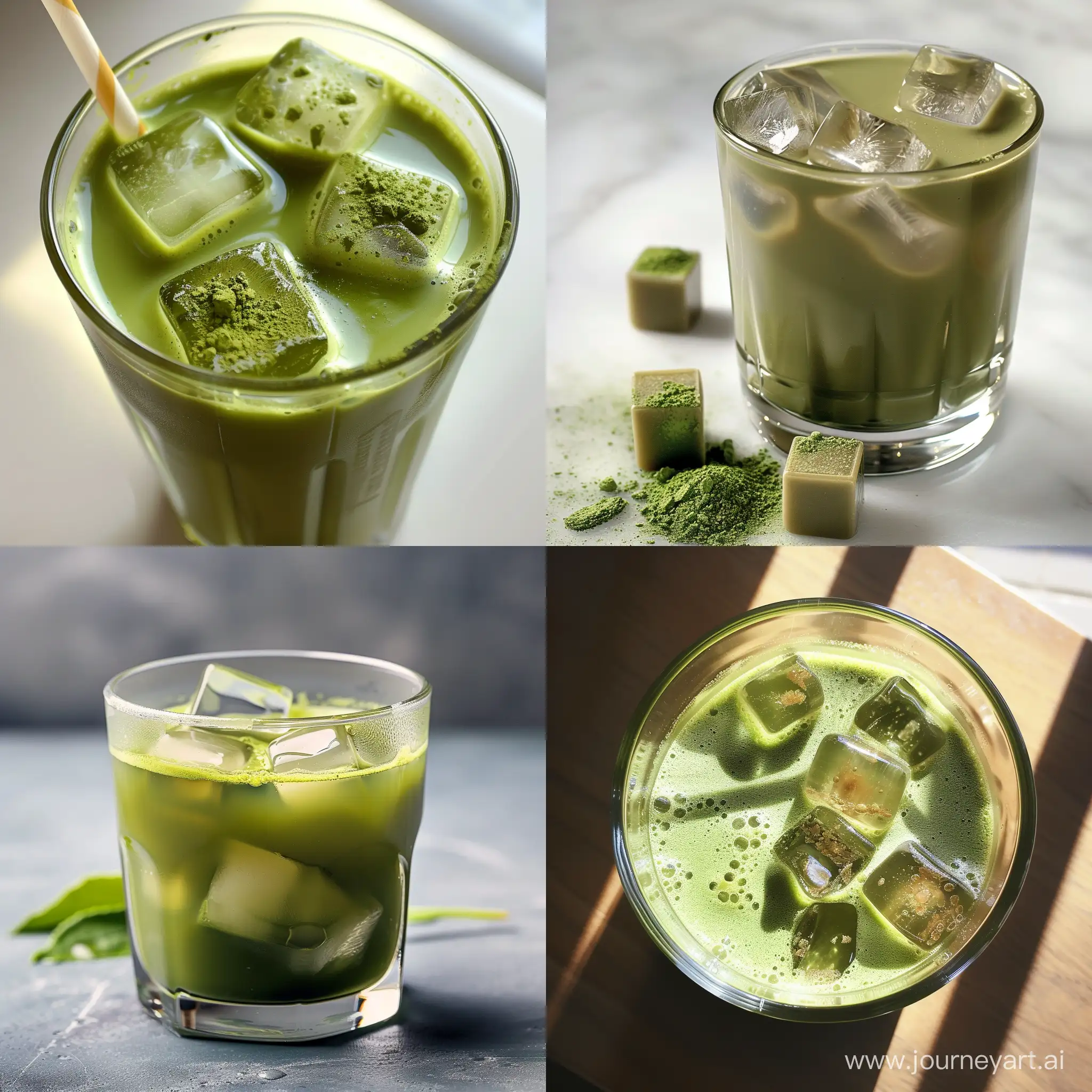 Natural and real photo of a glass of matcha tea with some ice cubes inside. real light Detailed details.