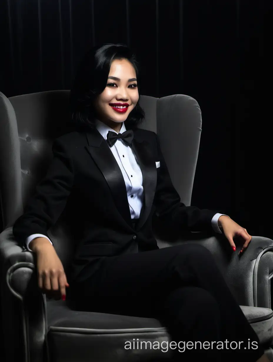 A Vietnames woman is wearing a tuxedo.  She is sitting in a plush chair in a dark room.  She is smiling.  She is wearing lipstick.  She has shoulder length black hair.