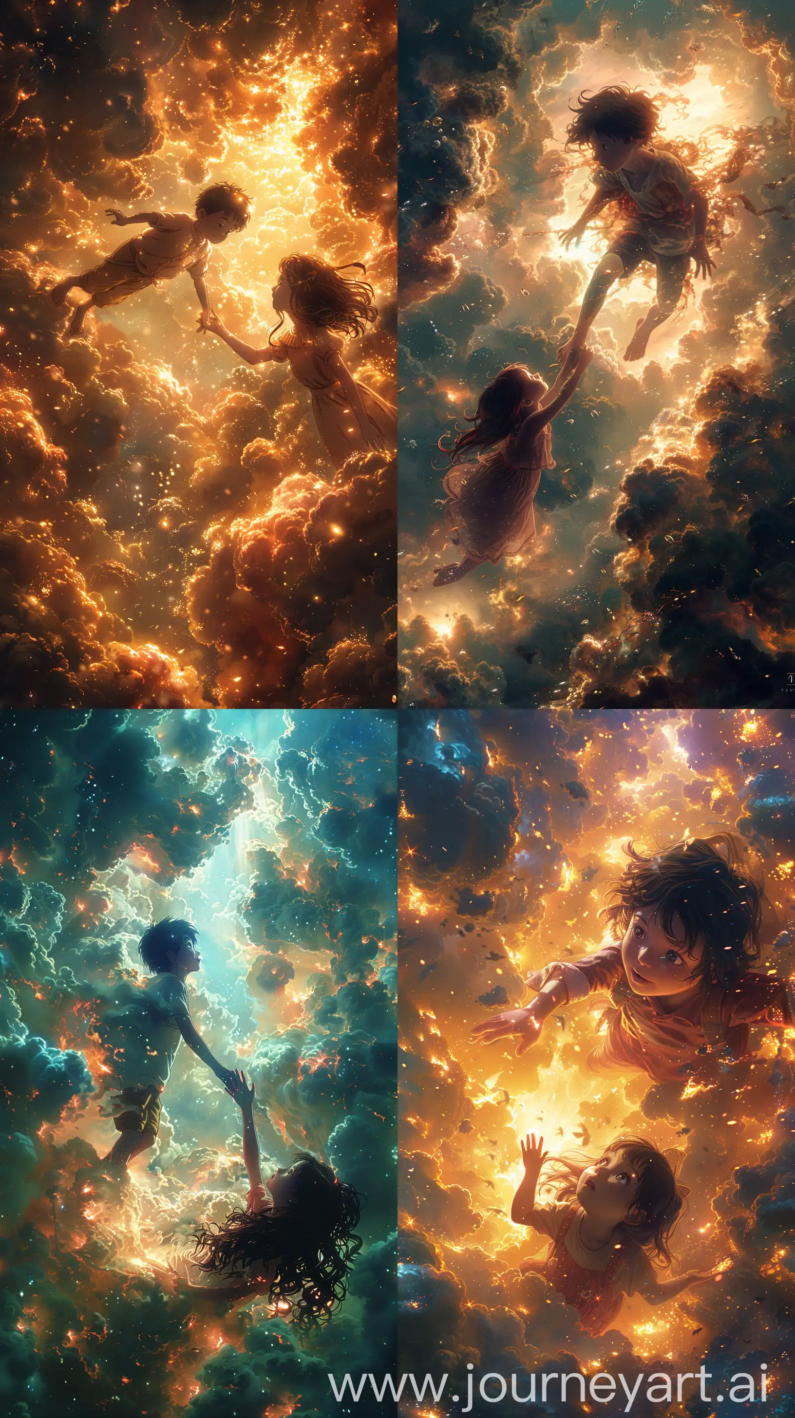 !mj1 Ghibli Studio inspired scene, a young boy falling through a sky filled with luminescent, billowing clouds, a girl reaching out to grasp his hand amidst the ethereal softness, vivid and bright, exquisitely detailed characters with expressive faces, high resolution 8k, well-managed proportions, full portrait --ar 9:16 --stylize 750 --v 6