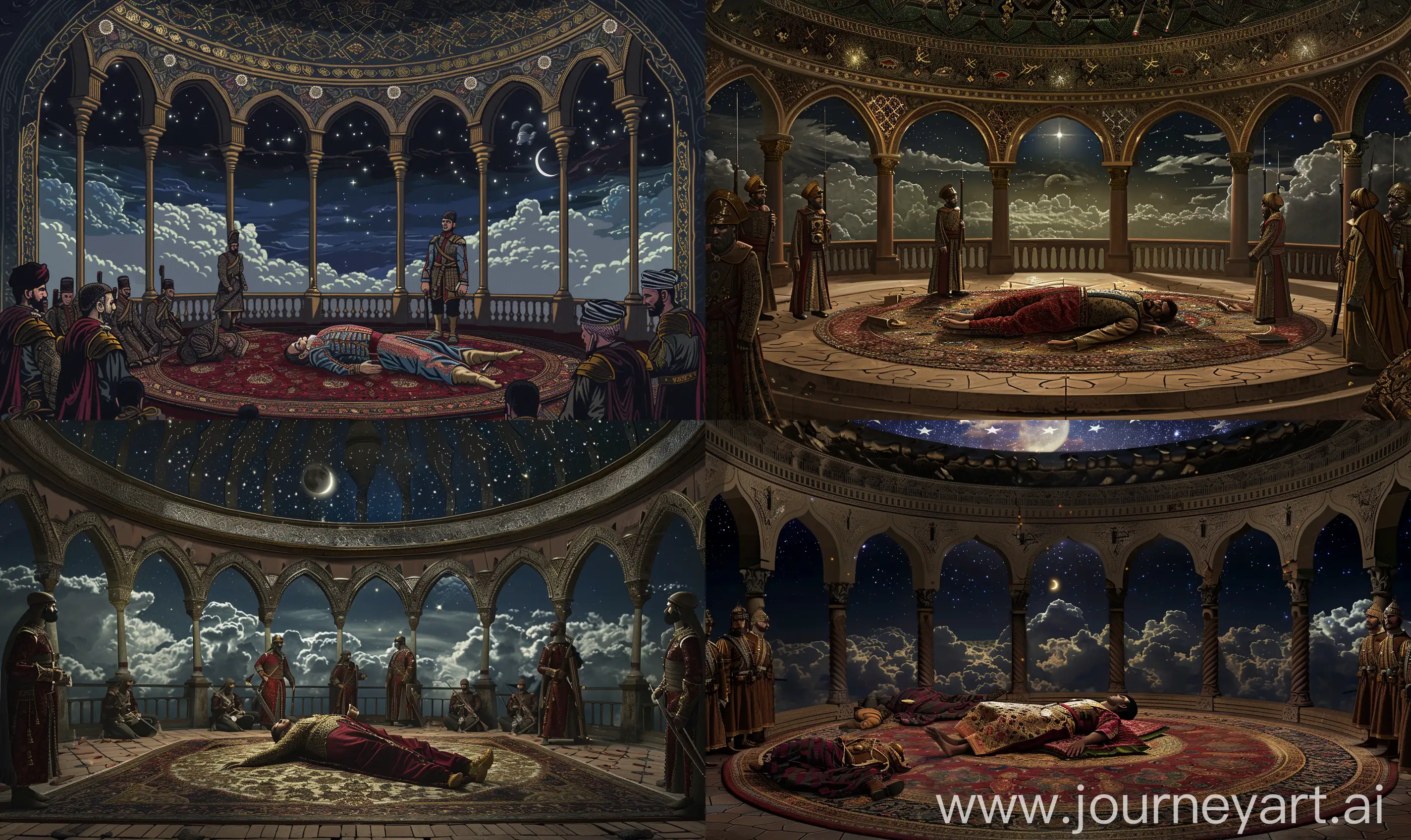 inside of a round isolated hall covered with islamic ceiling, having islamic arched windows around, islamic style baluster at border, a dead prince lying on the persian carpet surrounded by ottoman guards wearing janissary uniform, view of night clouds with star and a moon visible from windows --ar 25:15