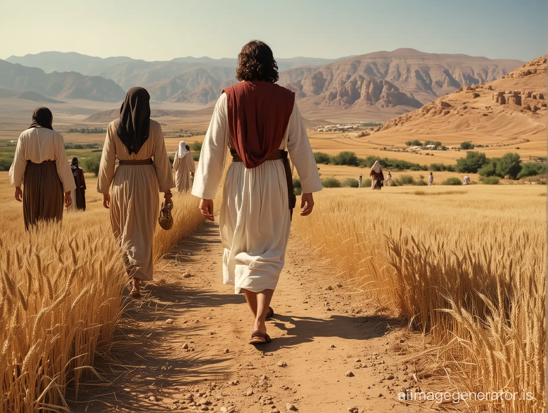 Jesus Christ  man with sandals walking through a wheat field In the center of the scene. 3 women  beside. In the background a mountains in the Judean desert, a small village of Palestine at the first century and 3 women Jewish Women of Different Ages On the side. "HD", 3D", film 35mm, no distorsion, photographic style