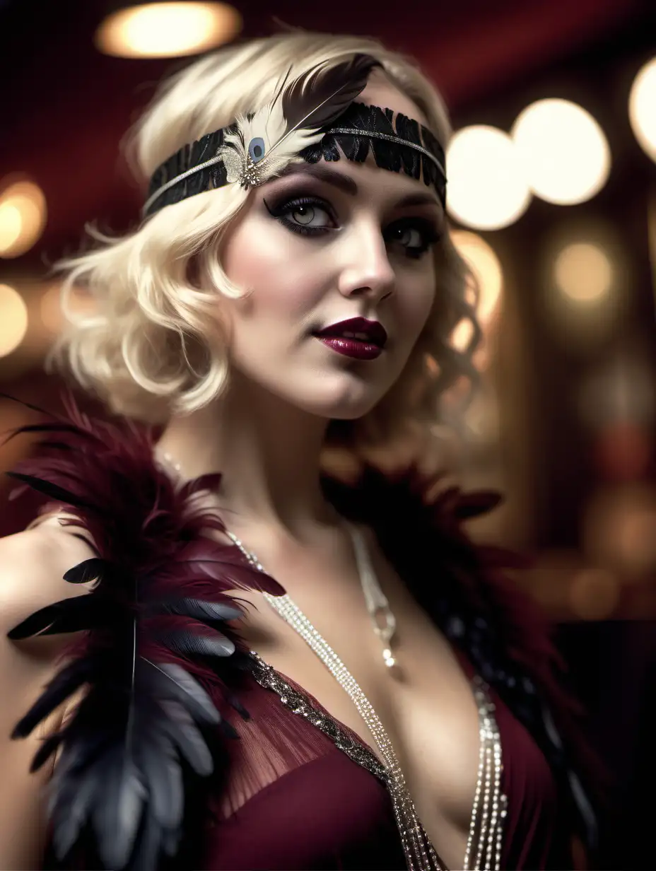 Beautiful Nordic woman, very attractive face, detailed eyes, big breasts, slim body, dark eye shadow, long messy blonde hair, dressed as a sexy Gatsby style flapper girl in a maroon dress, wearing a feather headband, black feather boa, close up, bokeh background, soft light on face, rim lighting, facing away from camera, looking back over her shoulder, standing in a jazz club, photorealistic, very high detail, extra wide photo, full body photo, aerial photo