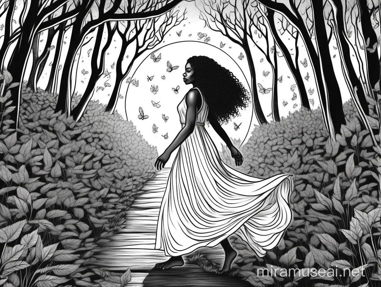 coloring page of a barefoot black woman, with long curly dark brown hair, wearing a long-
sleeved flowy dress, walks in profile, through a firefly forest at night, no color