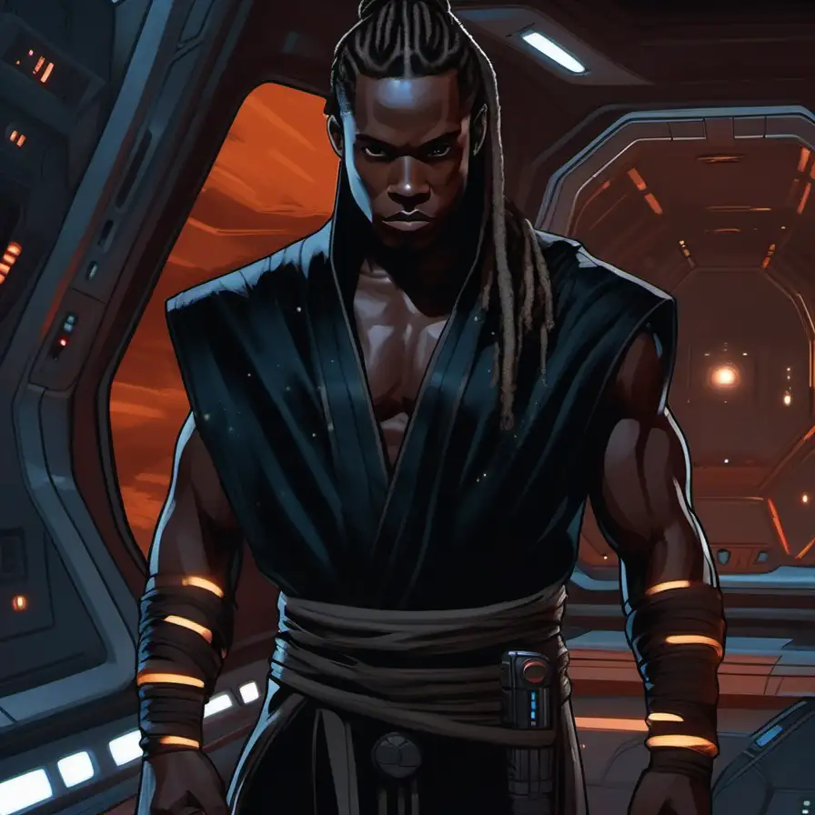 muscular young black man, dreadlocks ponytail, brown black Sith robes, spaceship interior, Star Wars art