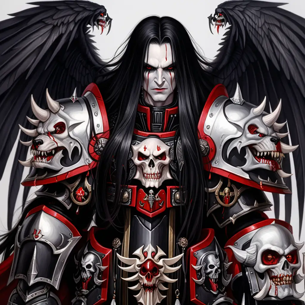 Примарх вампир, ангел с чёрными крыльями, длинные чёрные волосы, бледная кожа, чёрные глаза, чёрные с красным доспехи, украшения с Цербером и каплями крови, warhammer 40000, рисунок, симметрия, портрет